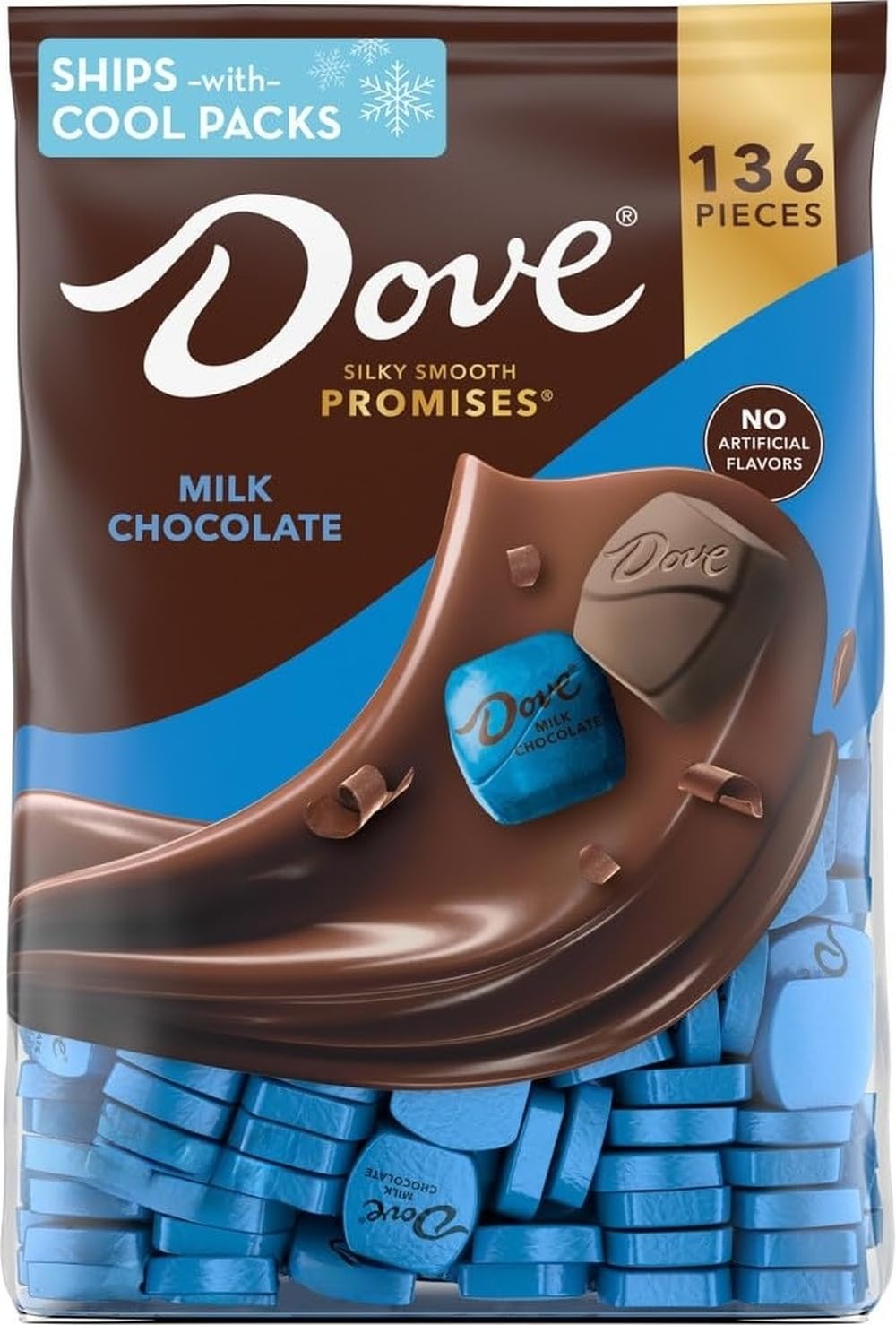 Dove front bag showing 38.09 oz bulk pack and bright packaging benefit