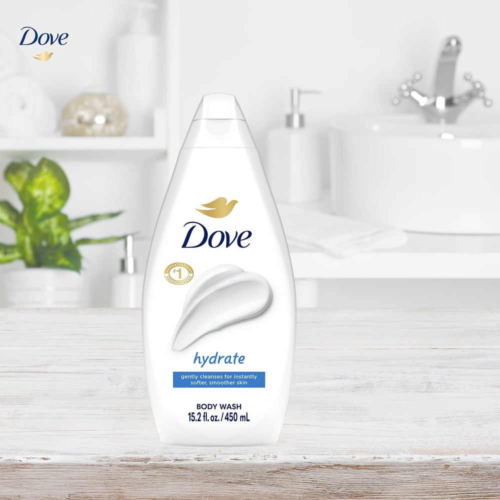 Dove botella junto a mano para comparar tamaño y capacidad