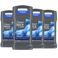 Dove Men+Care empaque frontal mostrando el pack de cuatro y el beneficio 48 horas