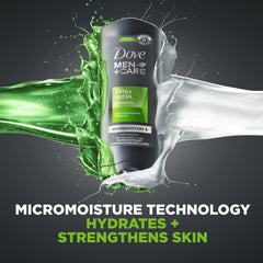 Dove Men+Care hombre usando gel en la ducha, limpieza rápida