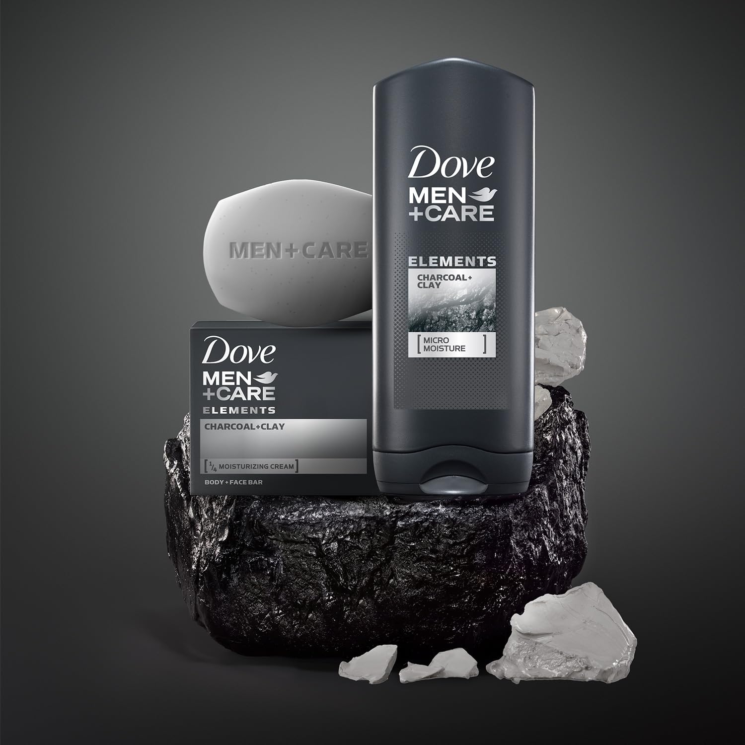 Dove Men+Care etiqueta de la barra destacando fórmula nutritiva y beneficios