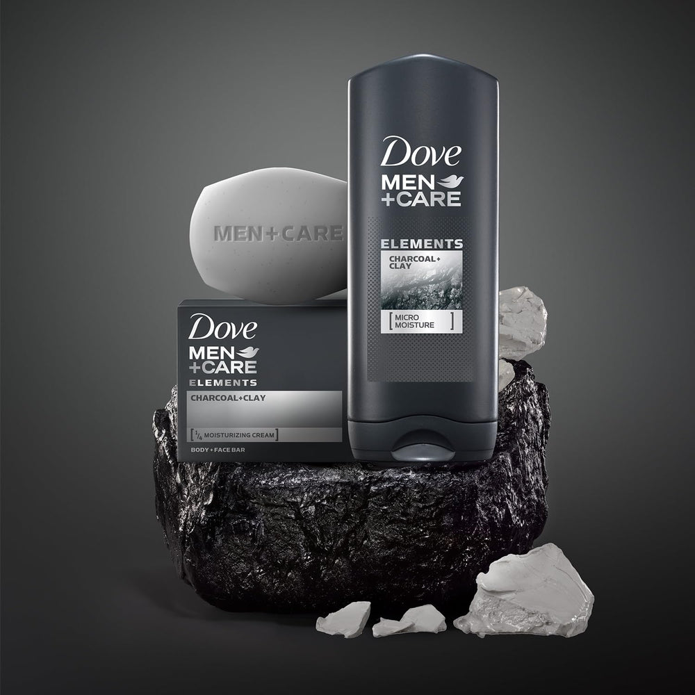 Dove Men+Care etiqueta de la barra destacando fórmula nutritiva y beneficios