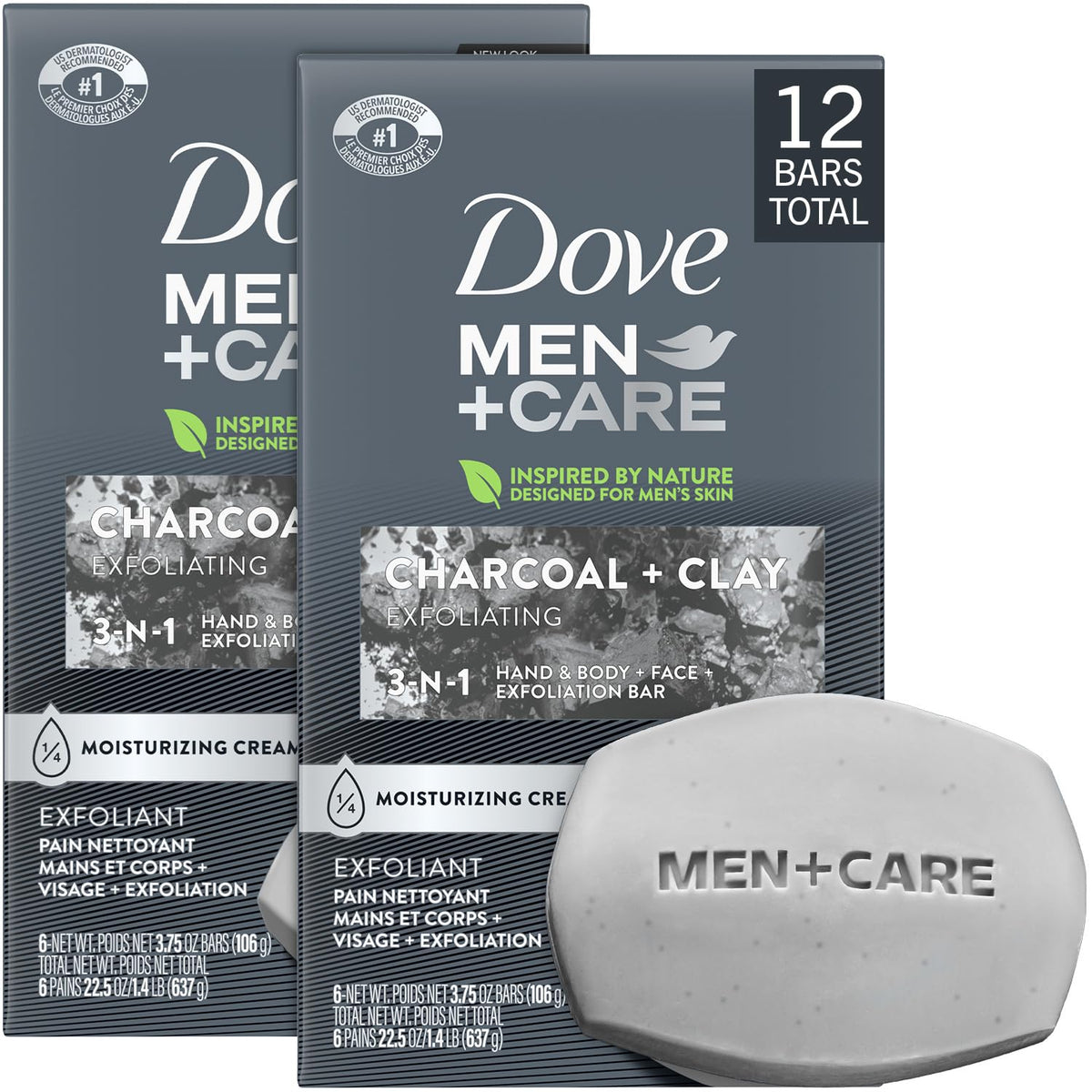 Dove Men+Care frontal del pack de 12 barras mostrando el envase