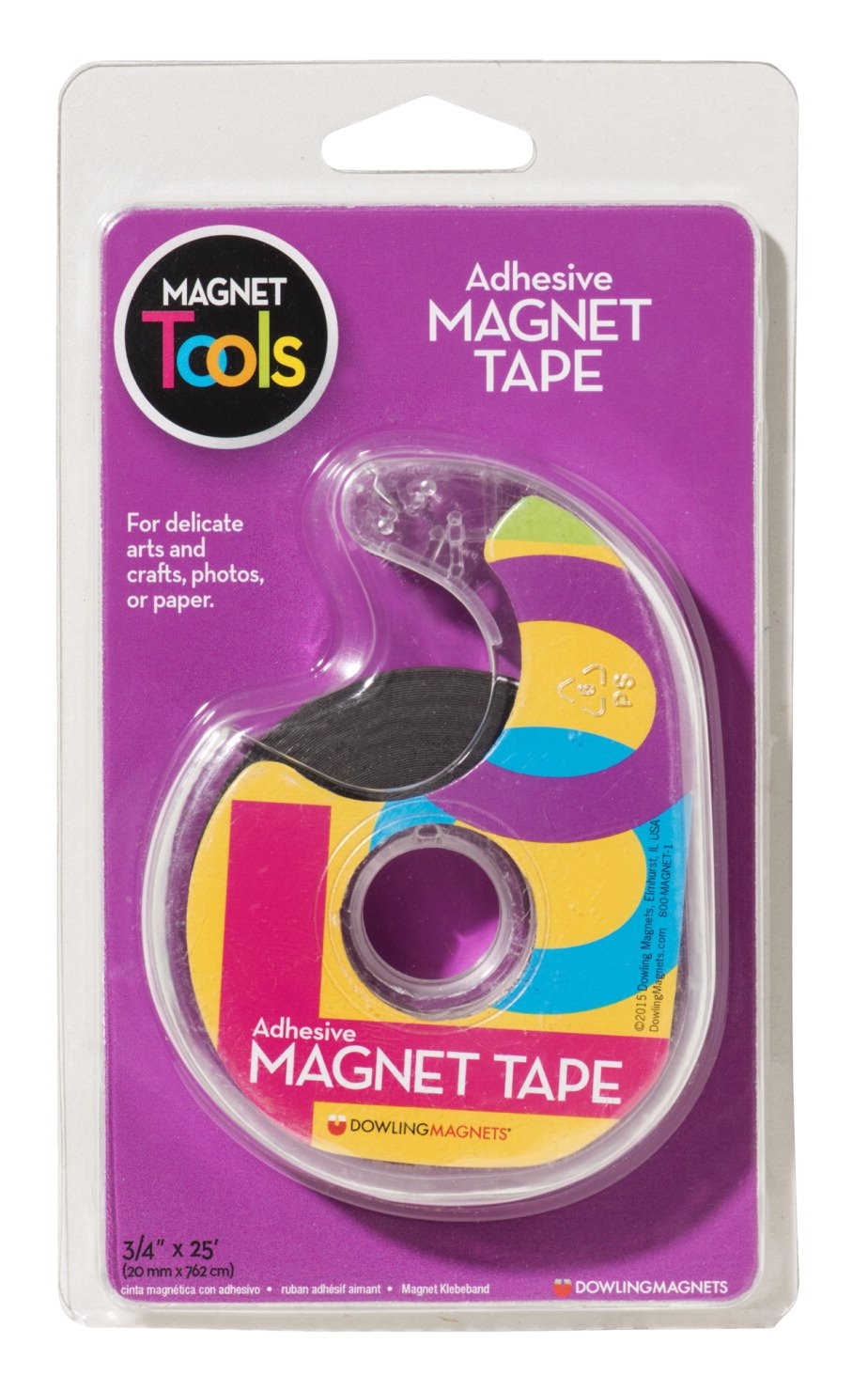 Dowling Magnets dispensador frente mostrando cinta magnética fina, práctico y ordenado
