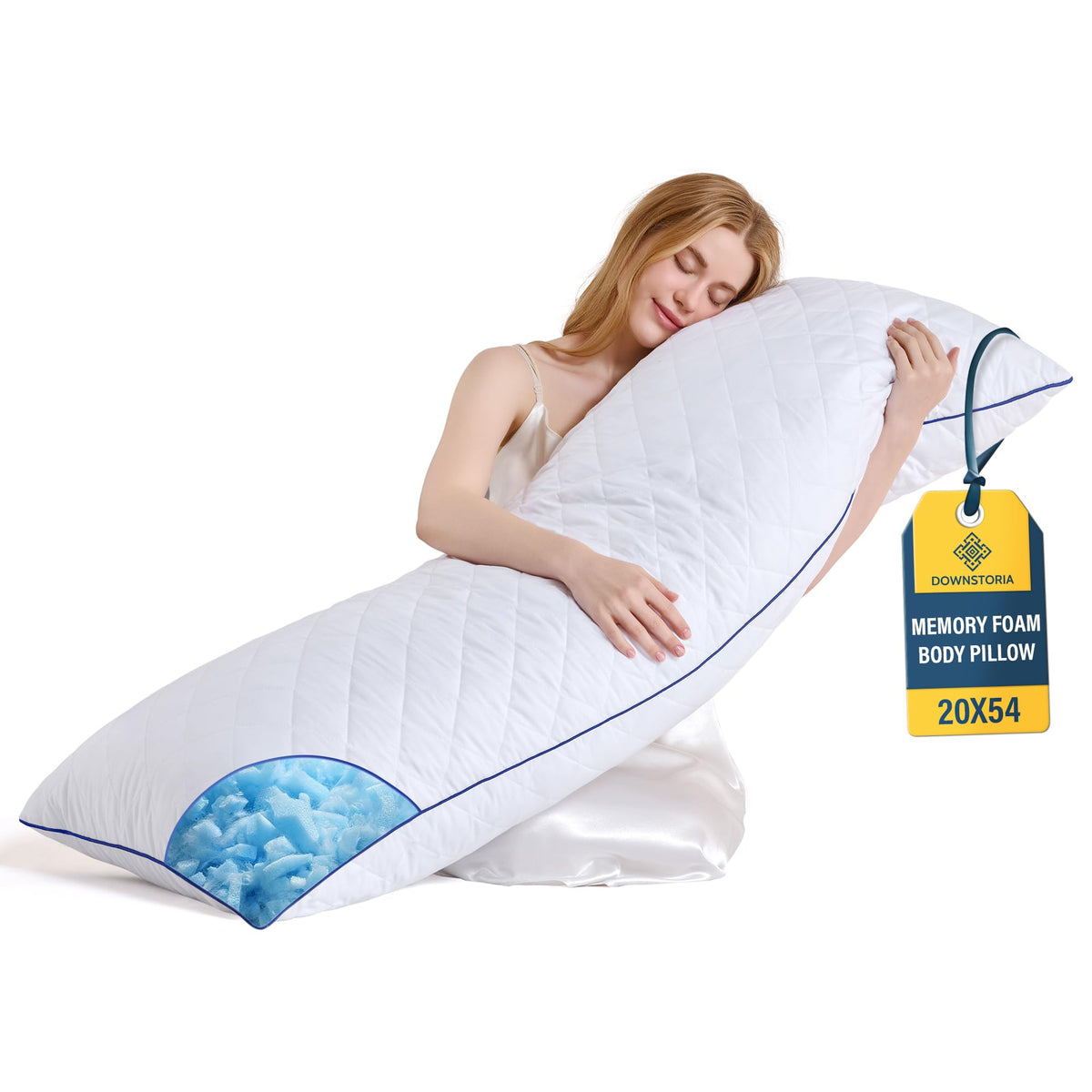 DOWNSTORIA frontal del paquete mostrando almohada larga y beneficios de soporte