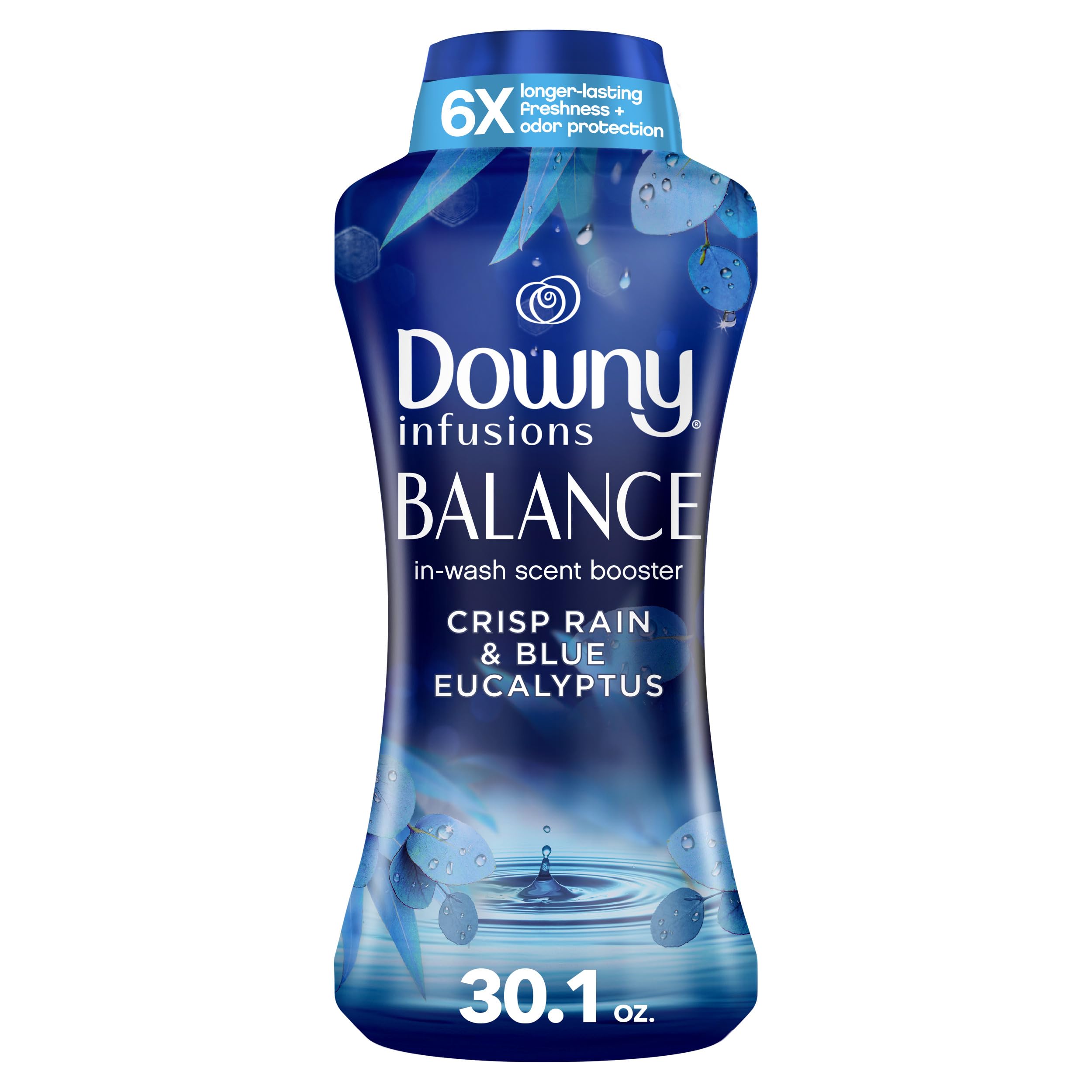 Downy envase frontal mostrando aroma Crisp Rain y Blue Eucalyptus y frescura duradera