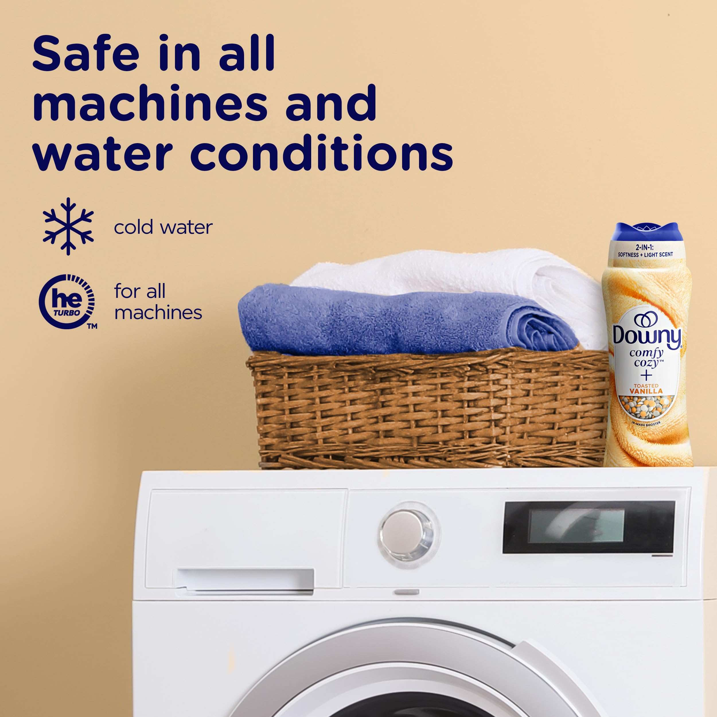 Downy escena de lavandería con ambiente aromático y sensación acogedora