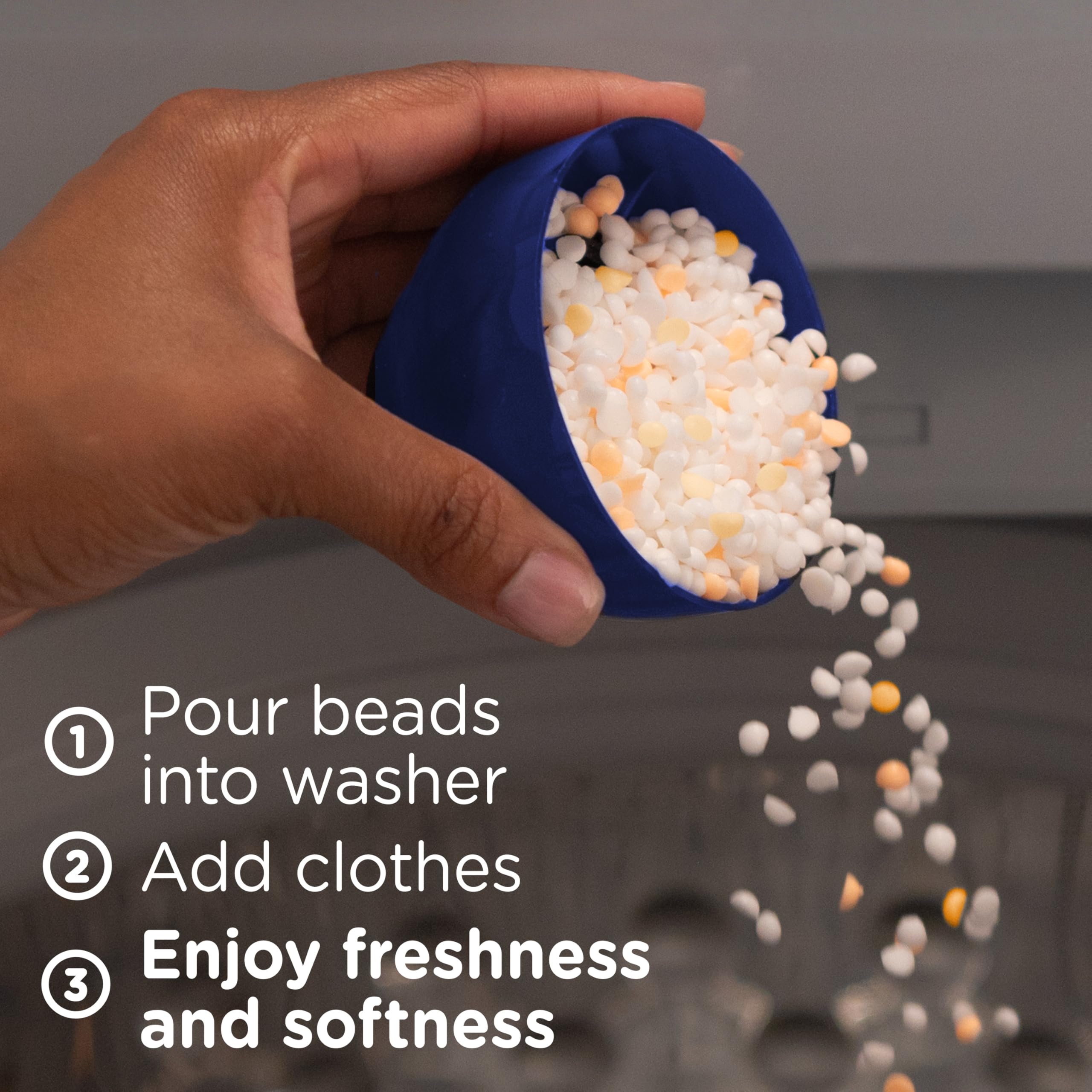 Downy Blends etiqueta informativa con instrucciones y beneficios claros