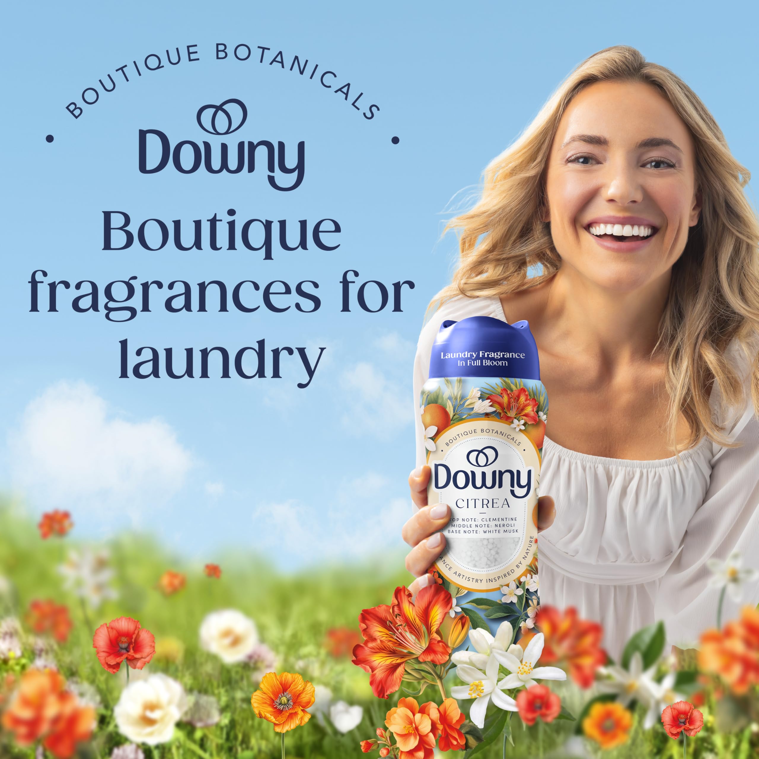 Downy tapa dosificadora abierta con perlas lista para medir y dosificar