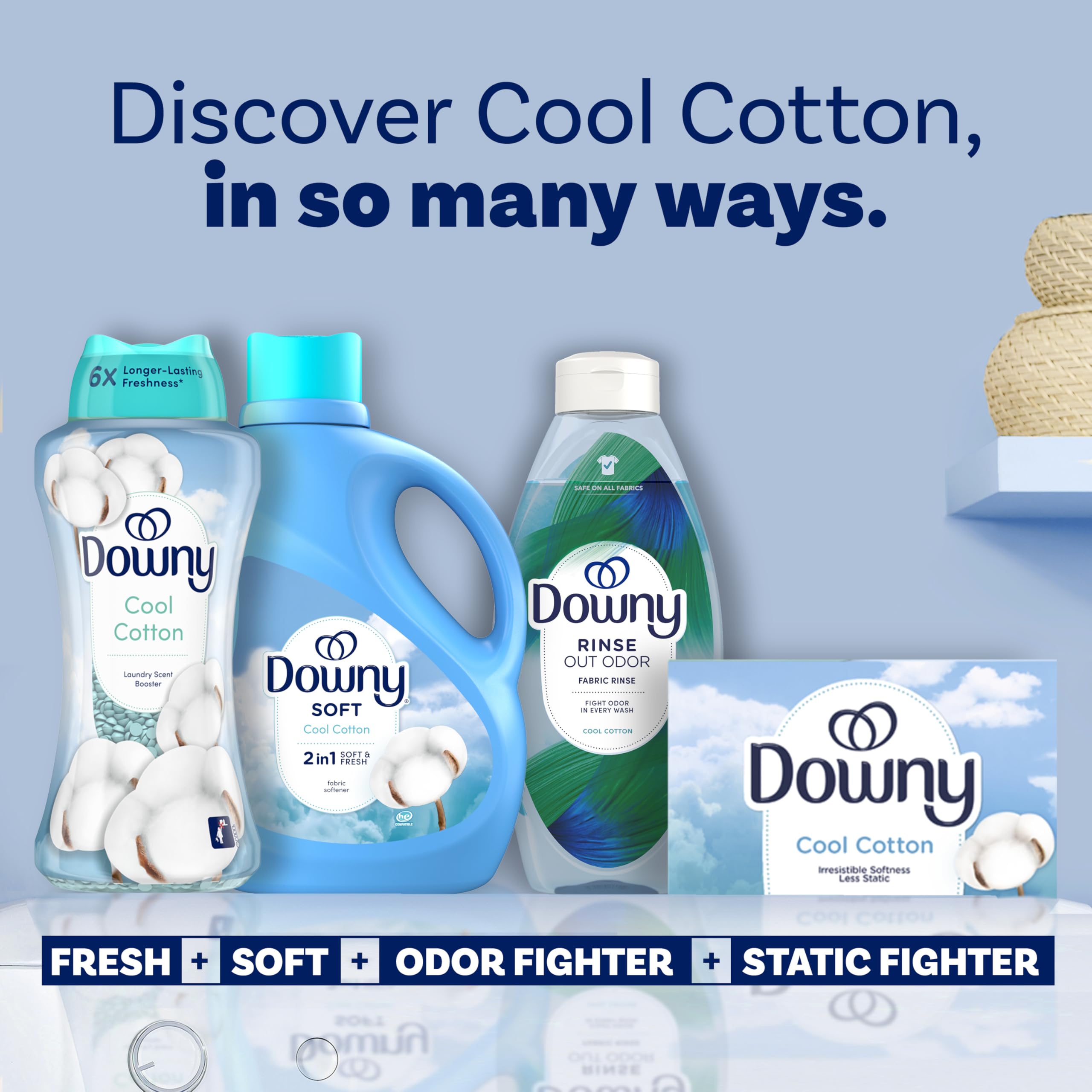 Downy botella de suavizante junto a perlas mostrando combinación opcional