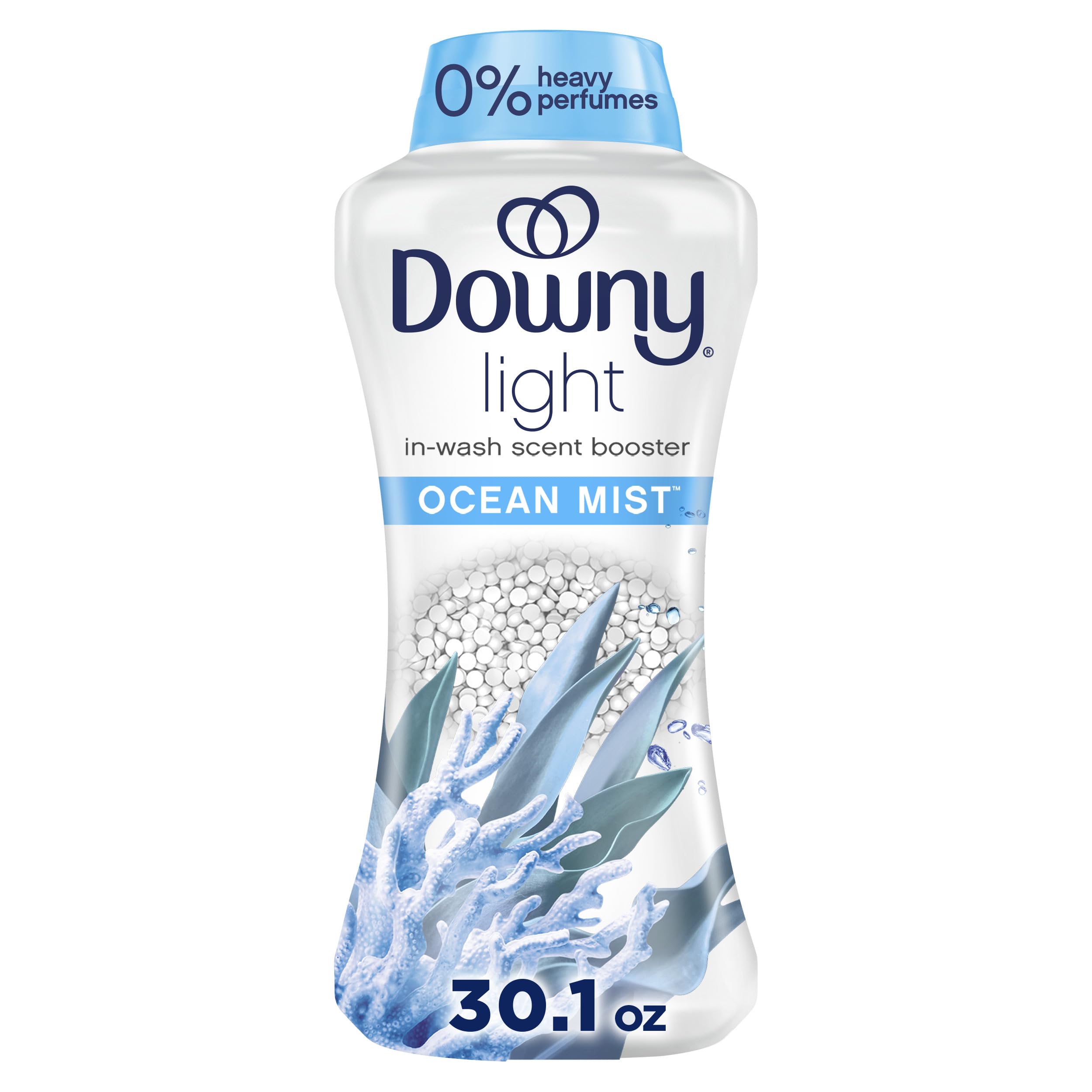 Downy envase frontal Ocean Mist mostrando diseño y tamaño conveniente