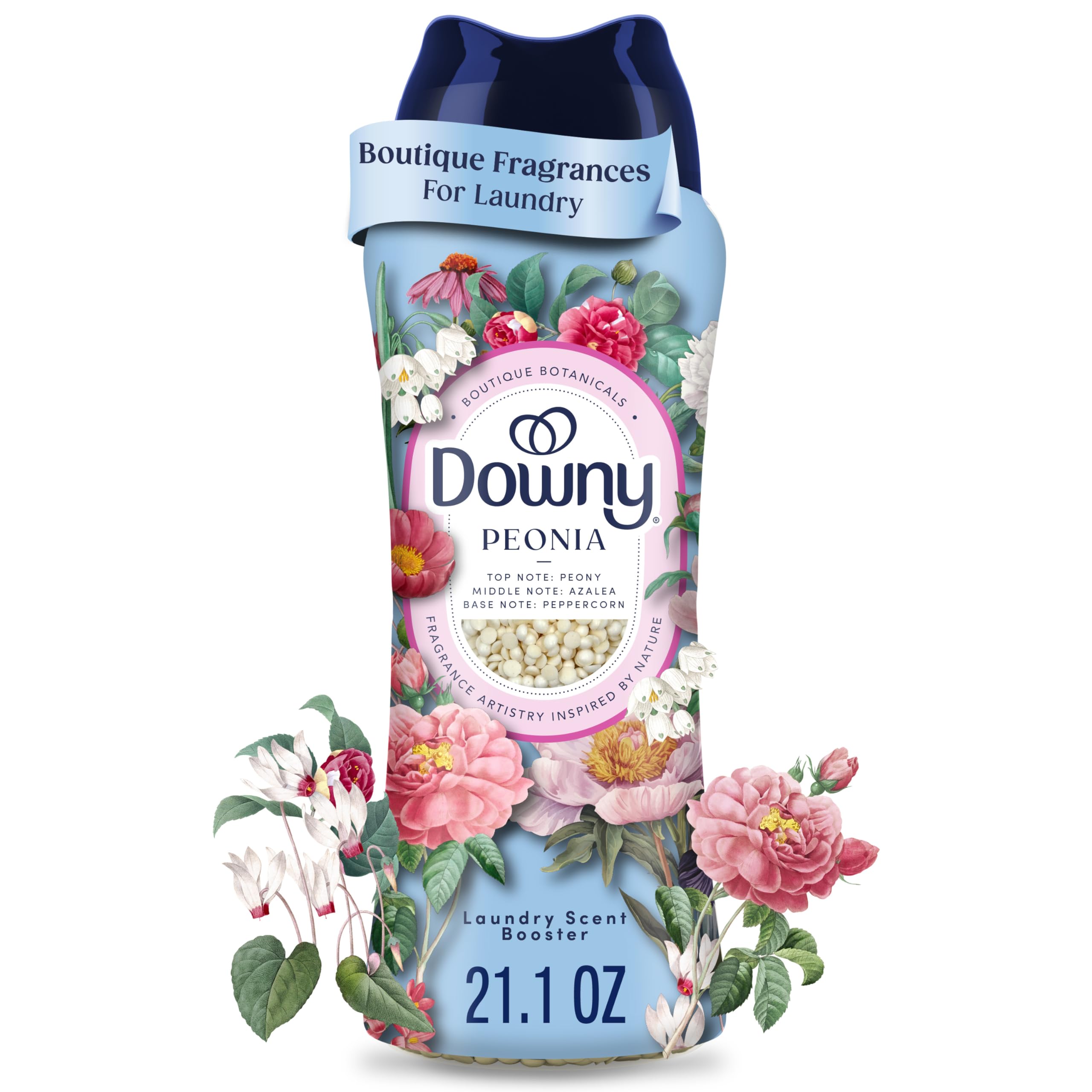 Downy envase frontal Peonía mostrando diseño y tamaño, transmite calidad
