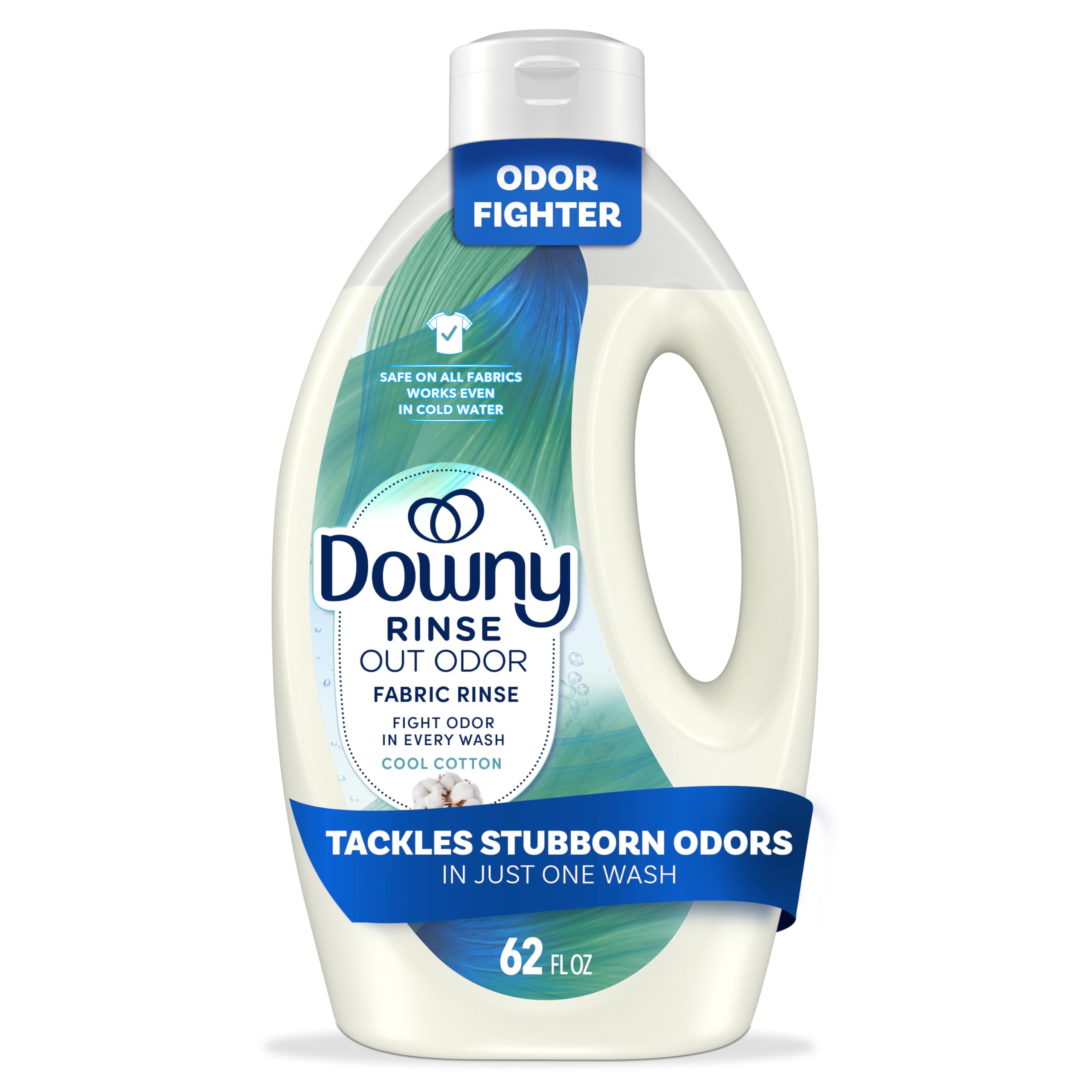 Downy Rinse vista frontal de la botella mostrando uso y frescura