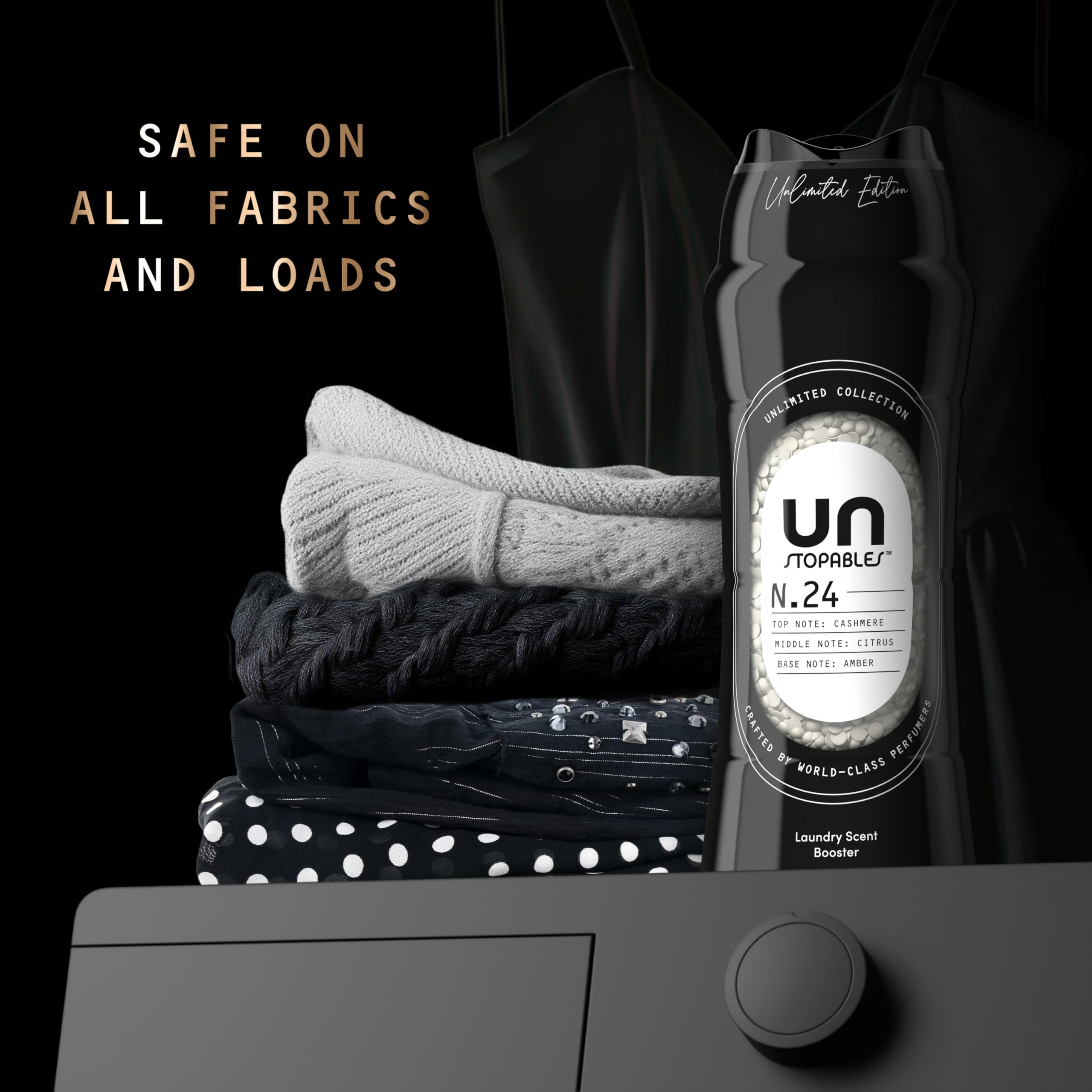 Downy Unstopables envase abierto con perlas, fácil dosificación y aroma controlado
