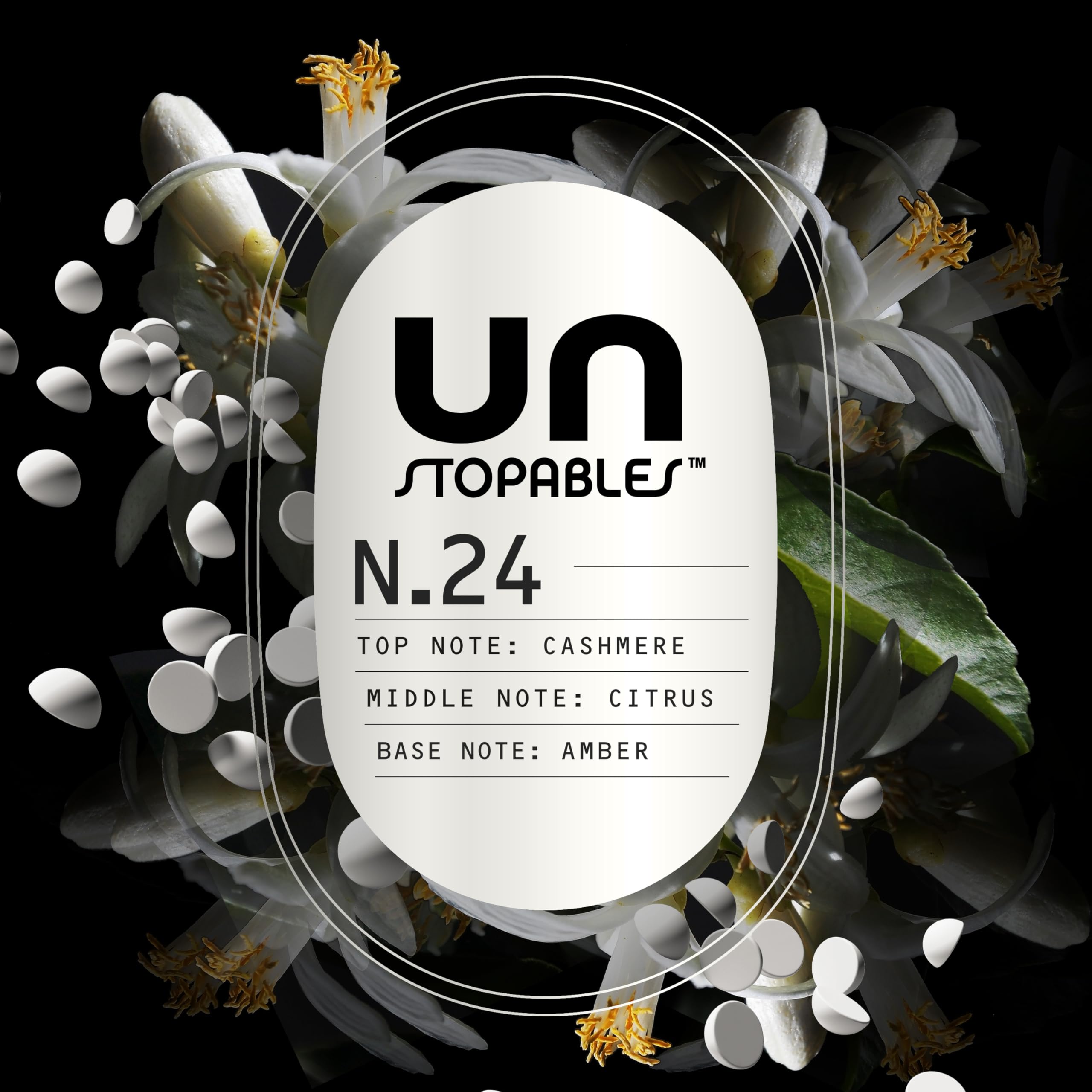 Downy Unstopables etiqueta con notas olfativas y guía de uso clara y visible