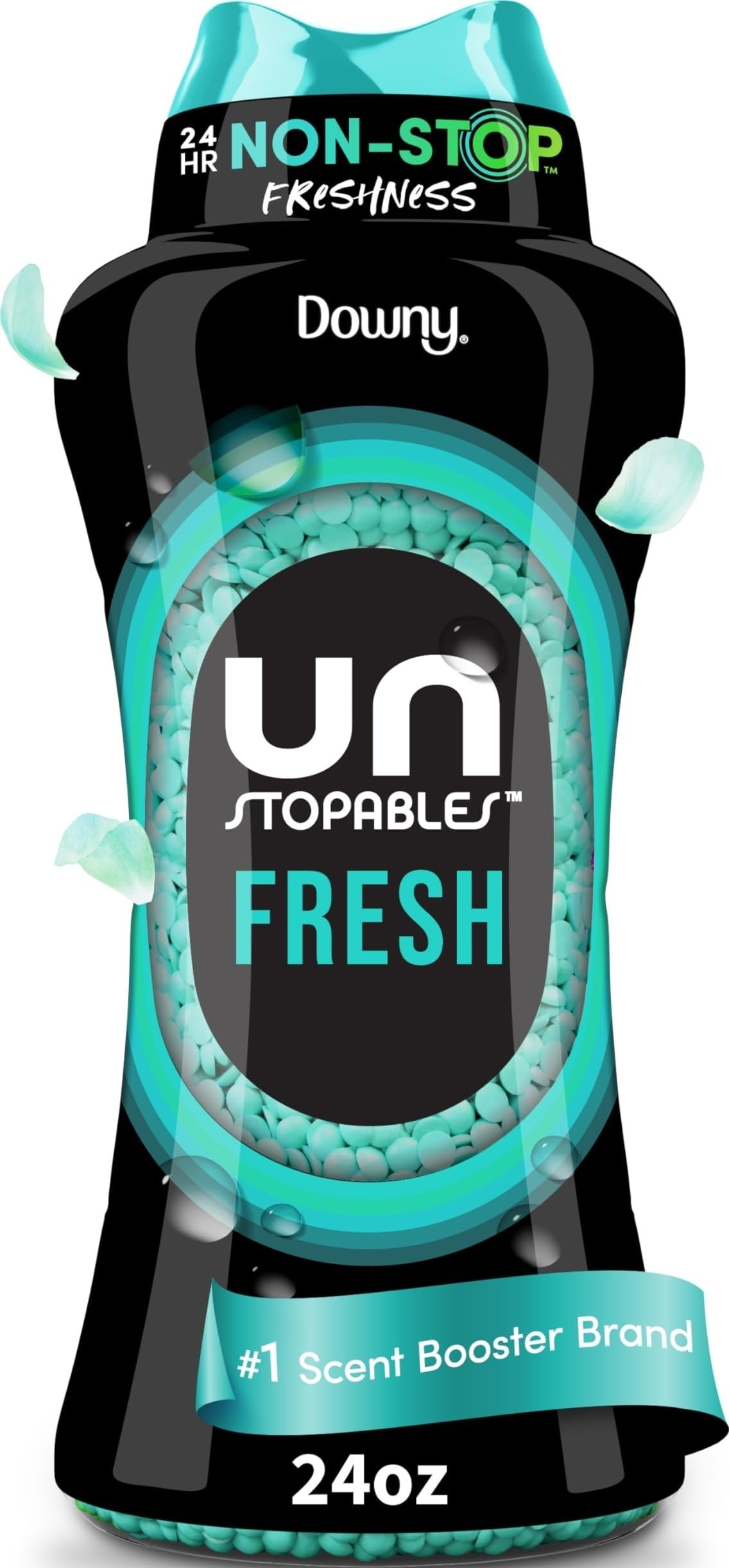 Downy Unstopables envase frontal mostrando etiqueta y beneficio aroma duradero