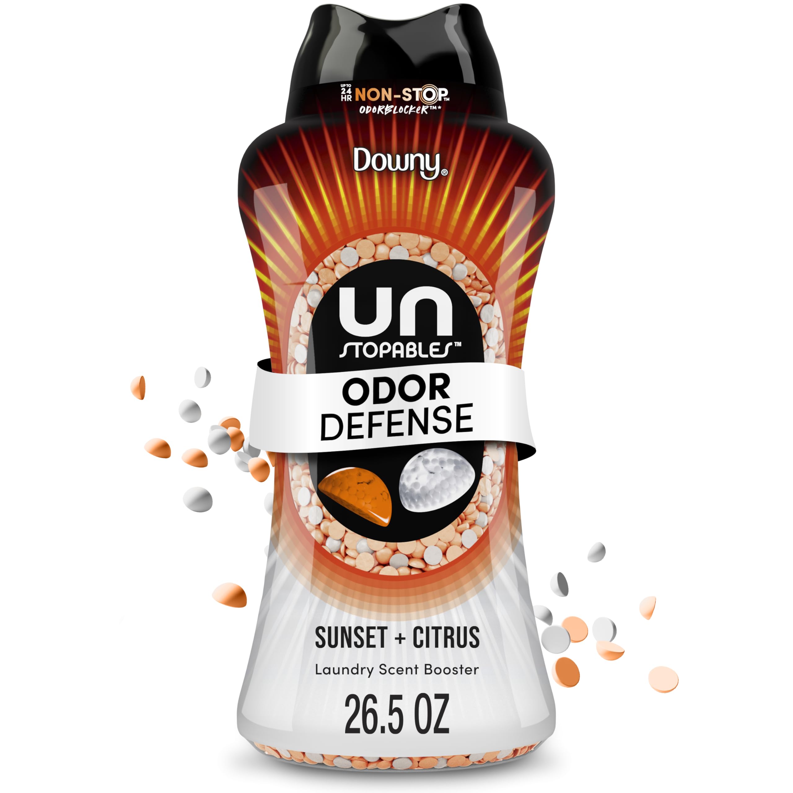 Downy Unstopables frente del envase, presenta tamaño práctico y aroma atractivo