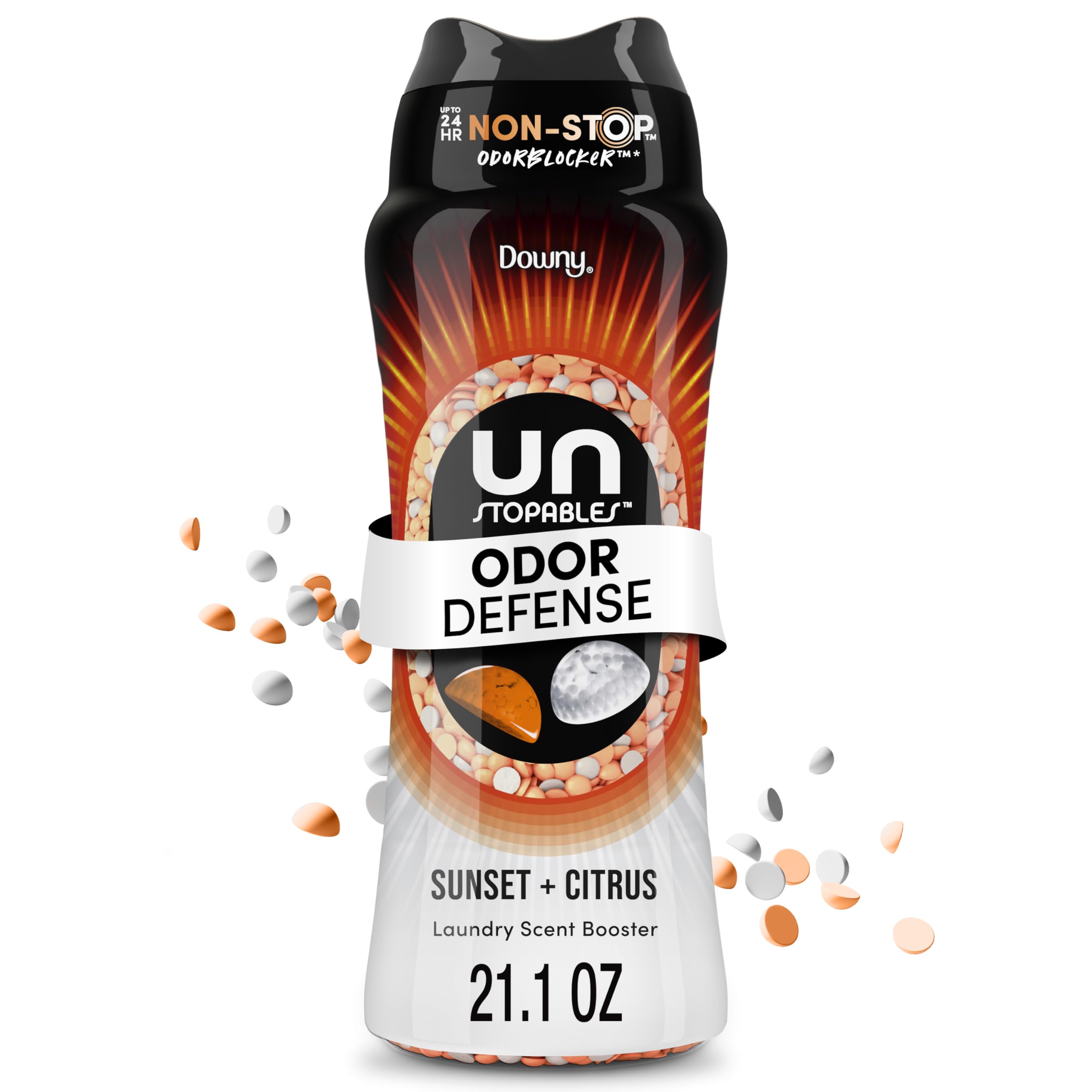 Downy Unstopables frontal del envase mostrando el diseño y el aroma Sunset & Citrus
