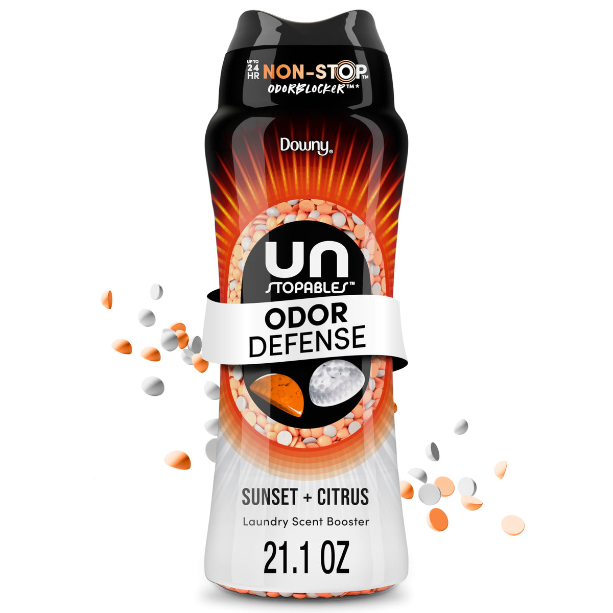 Downy Unstopables frontal del envase mostrando el diseño y el aroma Sunset & Citrus