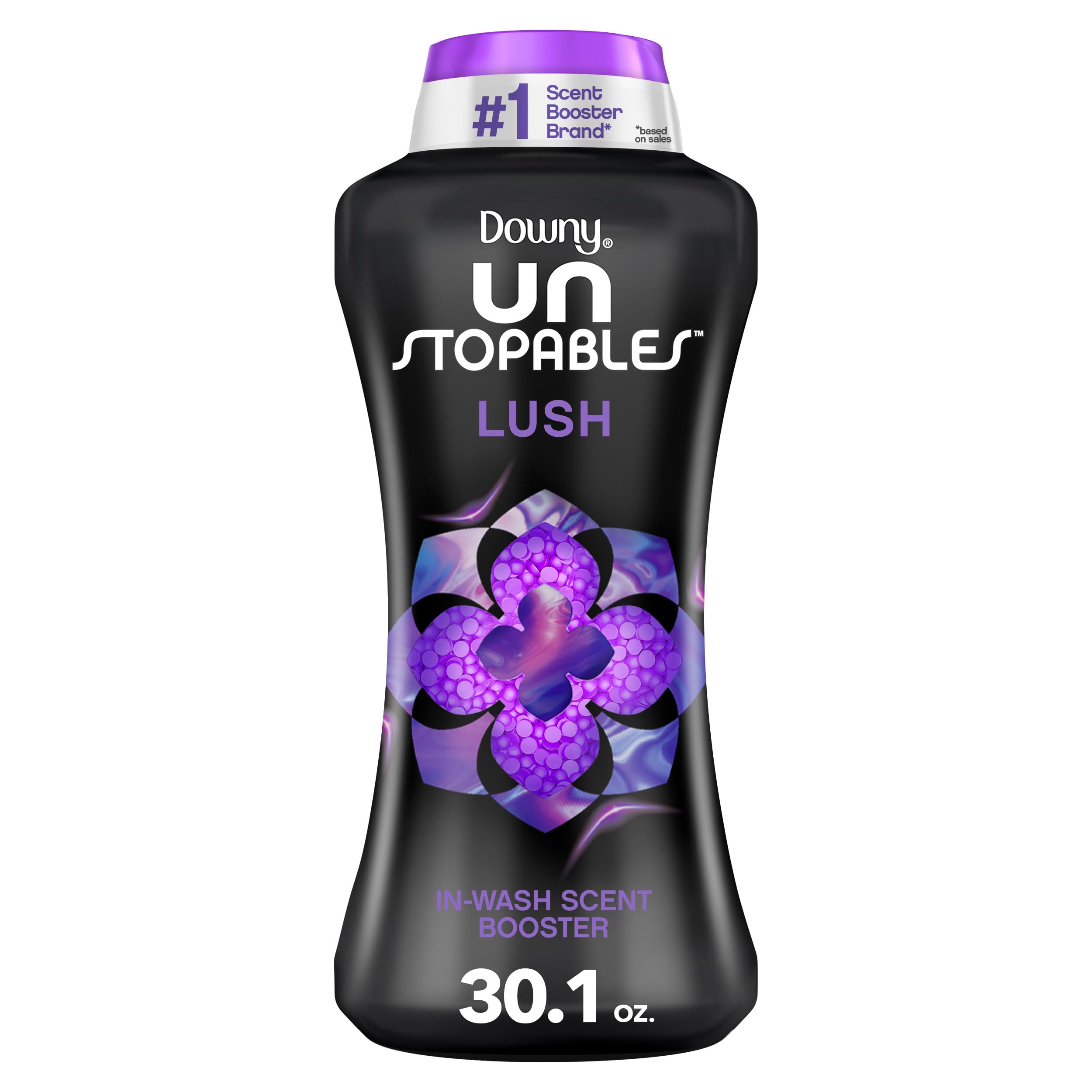 Downy envase frontal que muestra las perlas Lush y su tamaño práctico