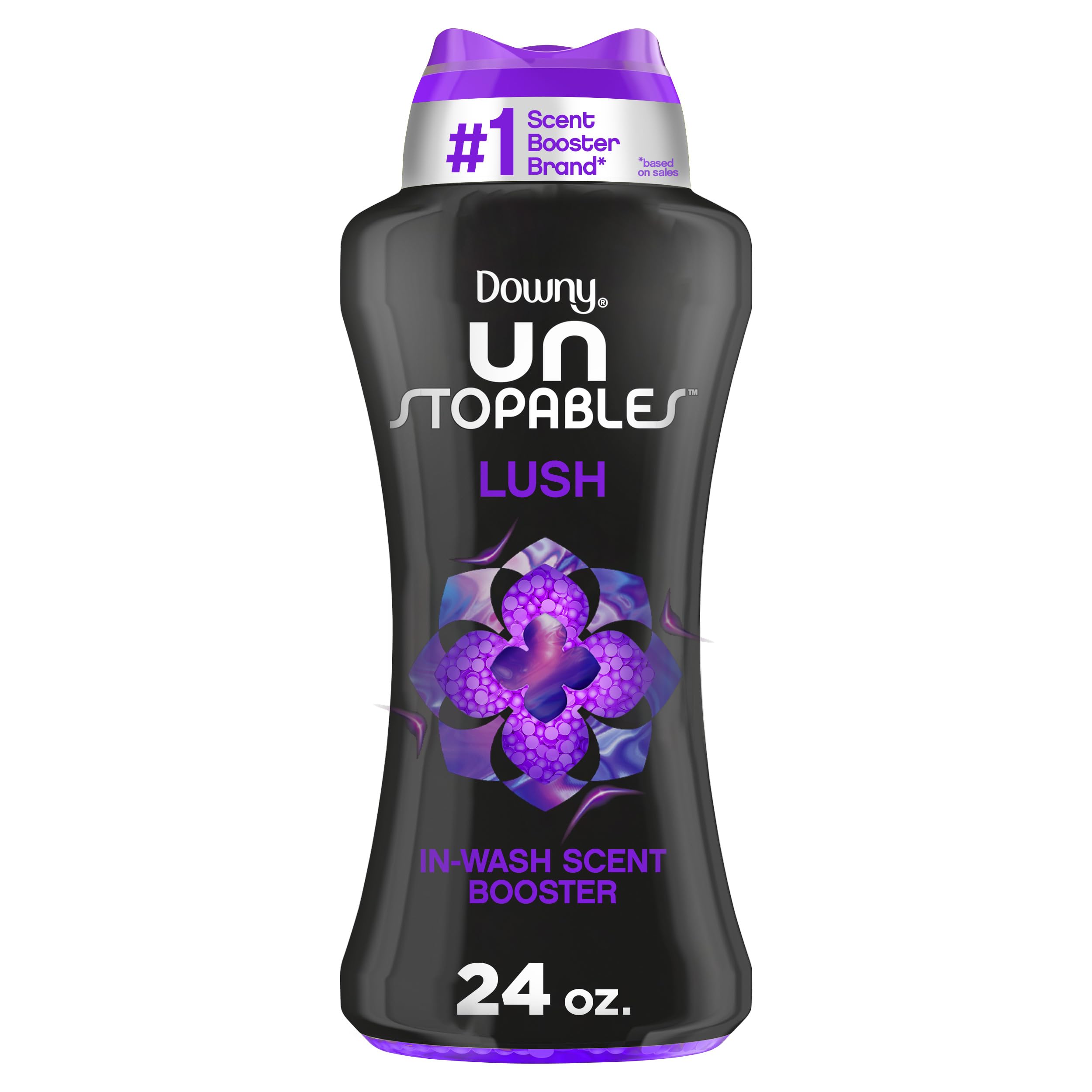 Downy Unstopables envase frontal Lush mostrando el diseño y capacidad 24 oz y beneficio aroma duradero