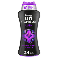 Downy Unstopables envase frontal Lush mostrando el diseño y capacidad 24 oz y beneficio aroma duradero