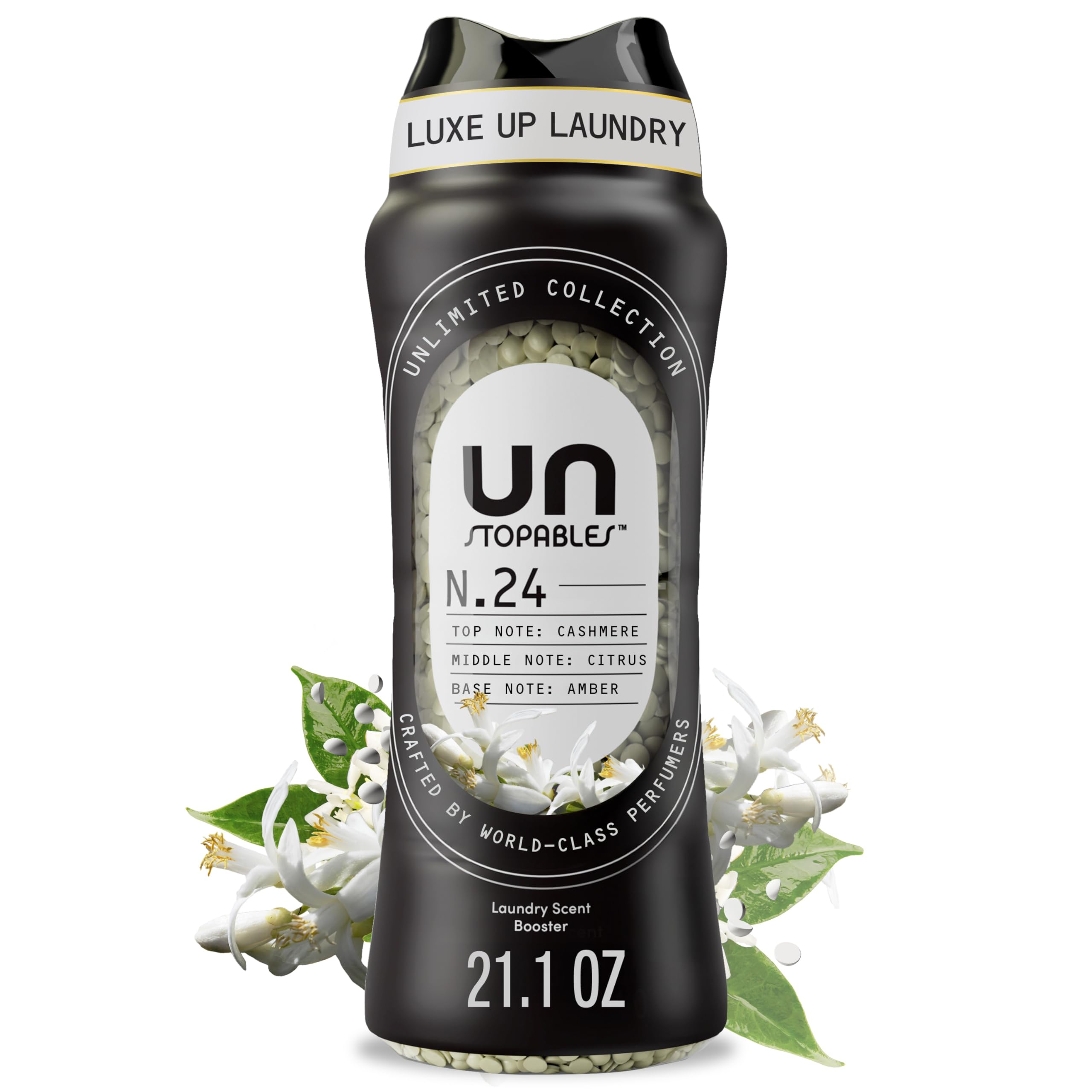 Downy Unstopables No. 24 botella frontal mostrando etiqueta y beneficio aromático