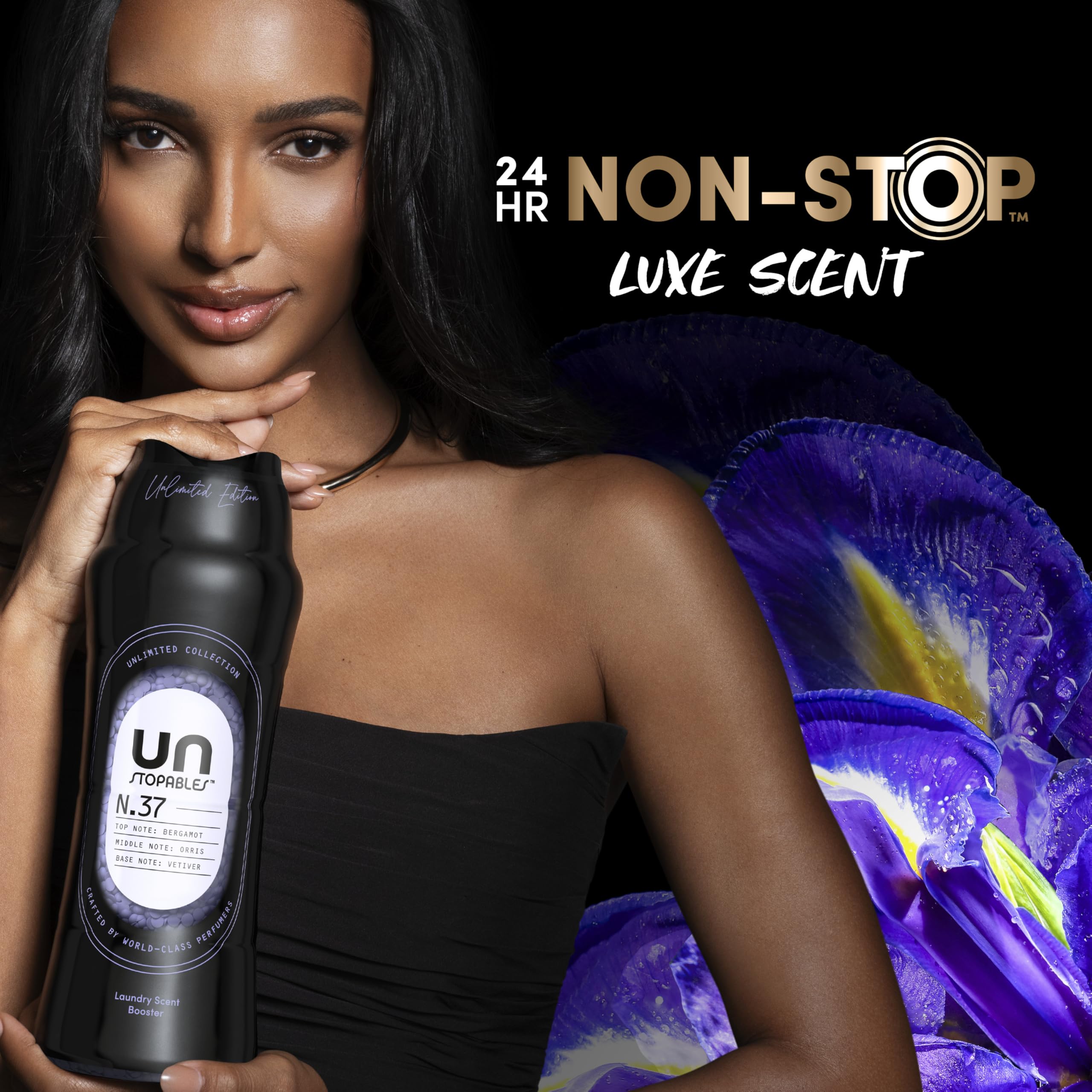 Downy Unstopables etiqueta de producto con ingredientes visibles para tranquilidad