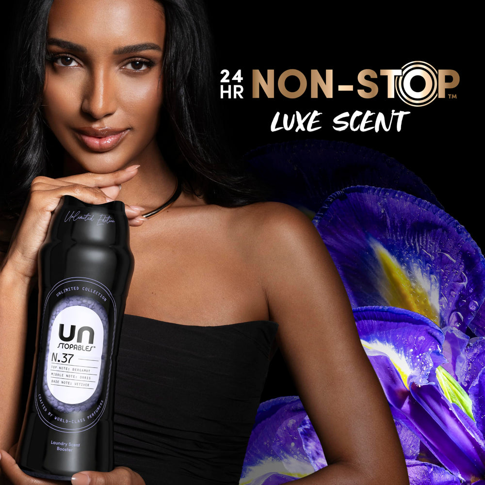 Downy Unstopables etiqueta de producto con ingredientes visibles para tranquilidad