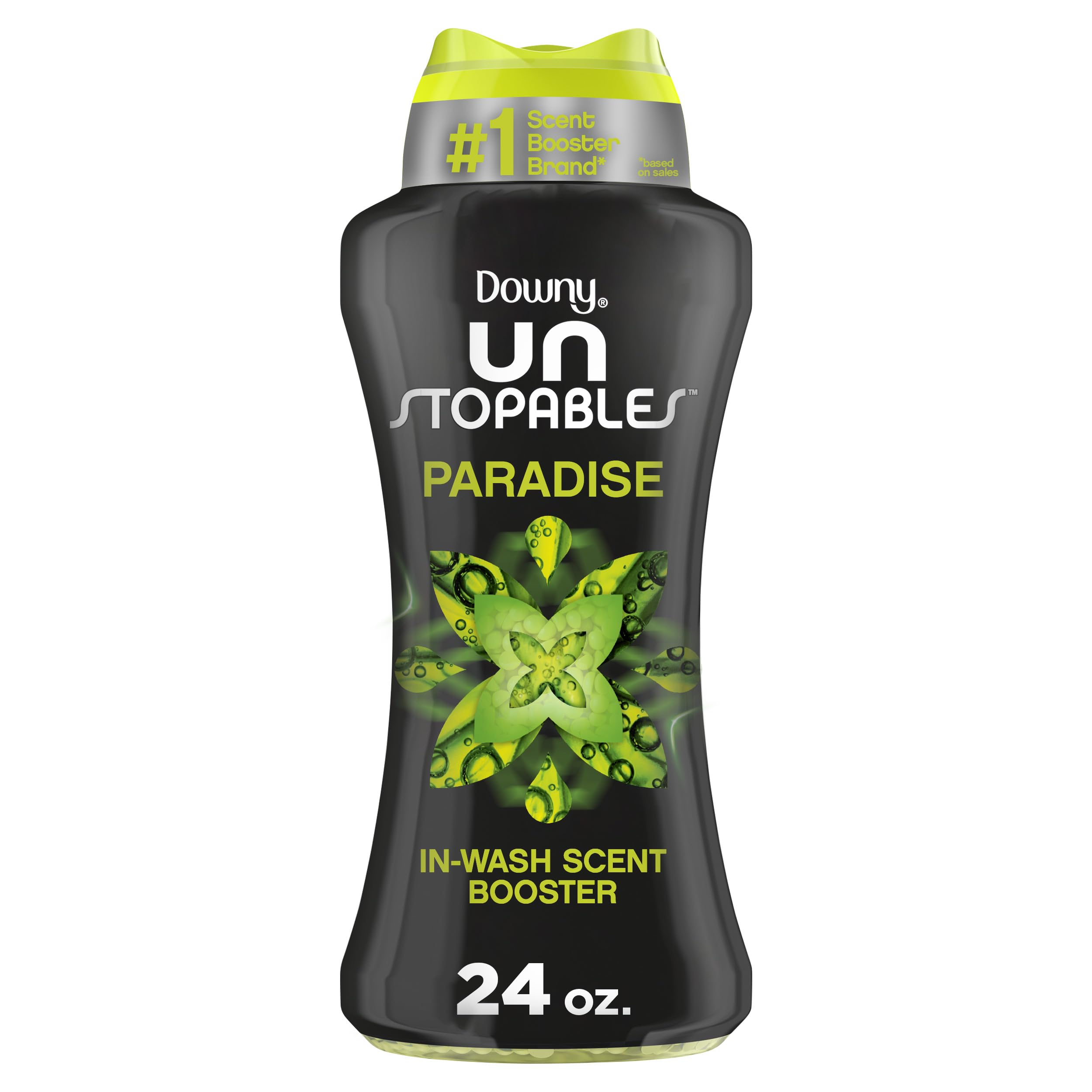 Downy Unstopables vista frontal del envase con aroma Paradise y frescura duradera