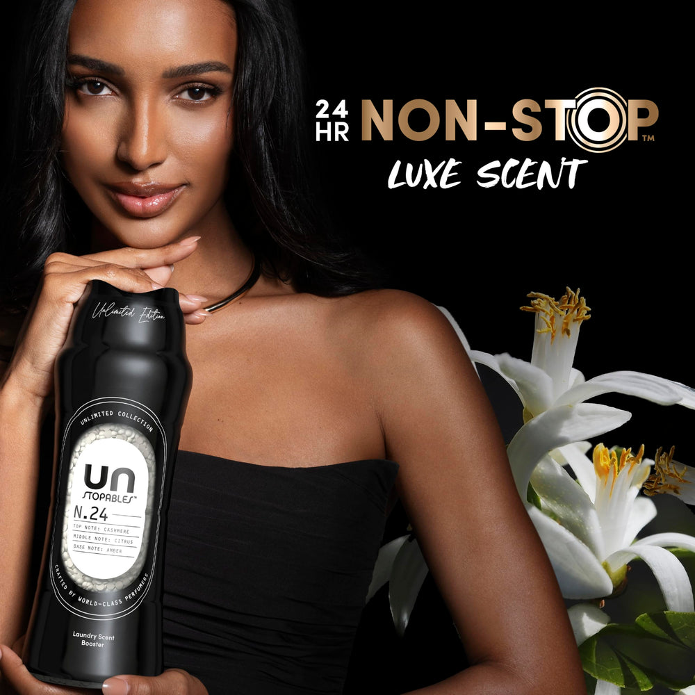 Downy Unstopables perlas en prendas colgadas mostrando fresco y suavidad prolongada