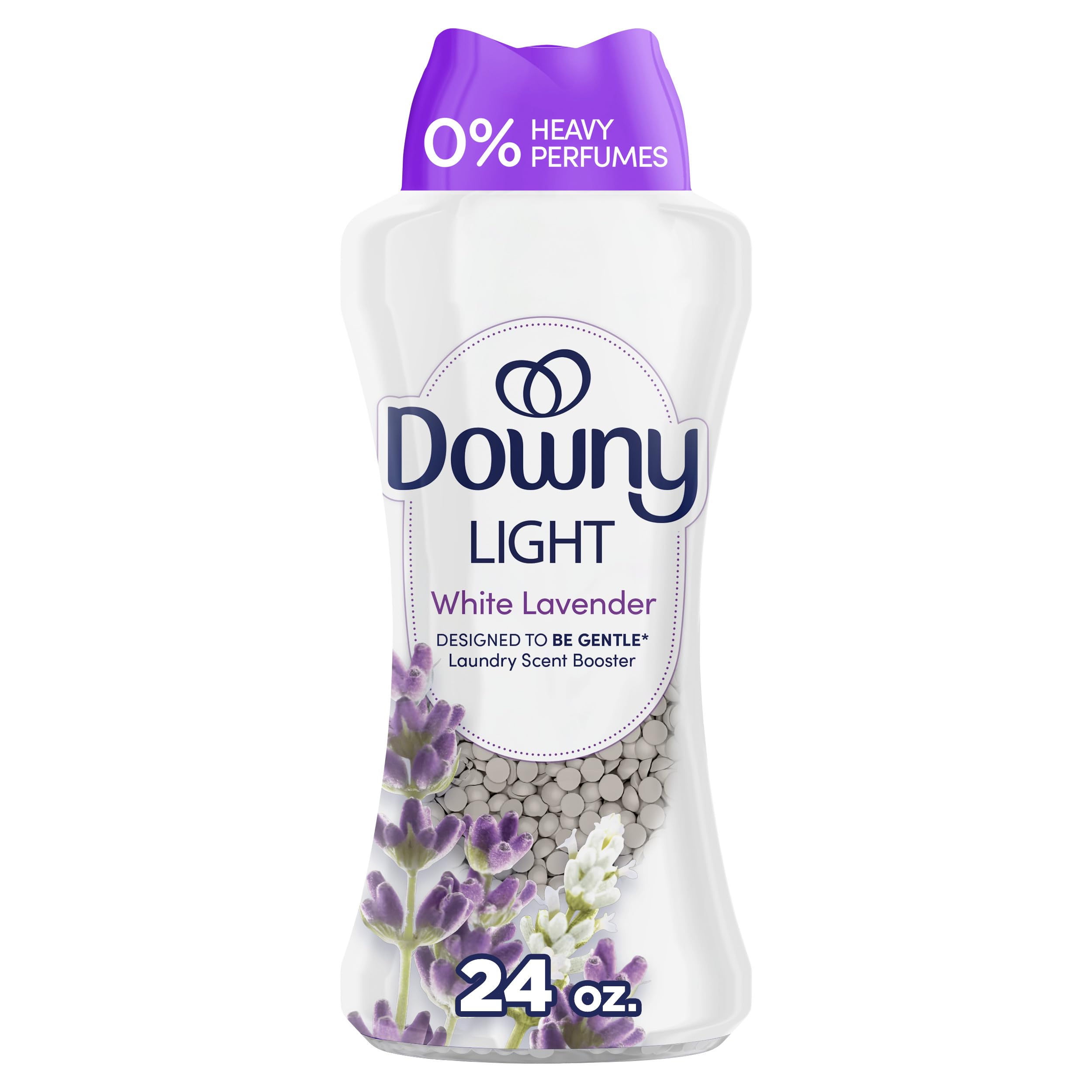 Downy botella frontal con perlas aromáticas, muestra apariencia y presentación