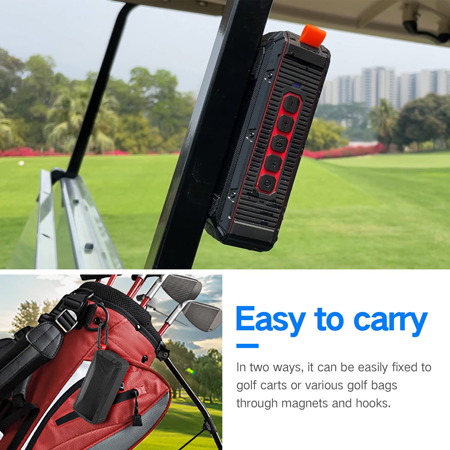 Dprofy montado en carrito de golf ofreciendo música estable durante recorrido