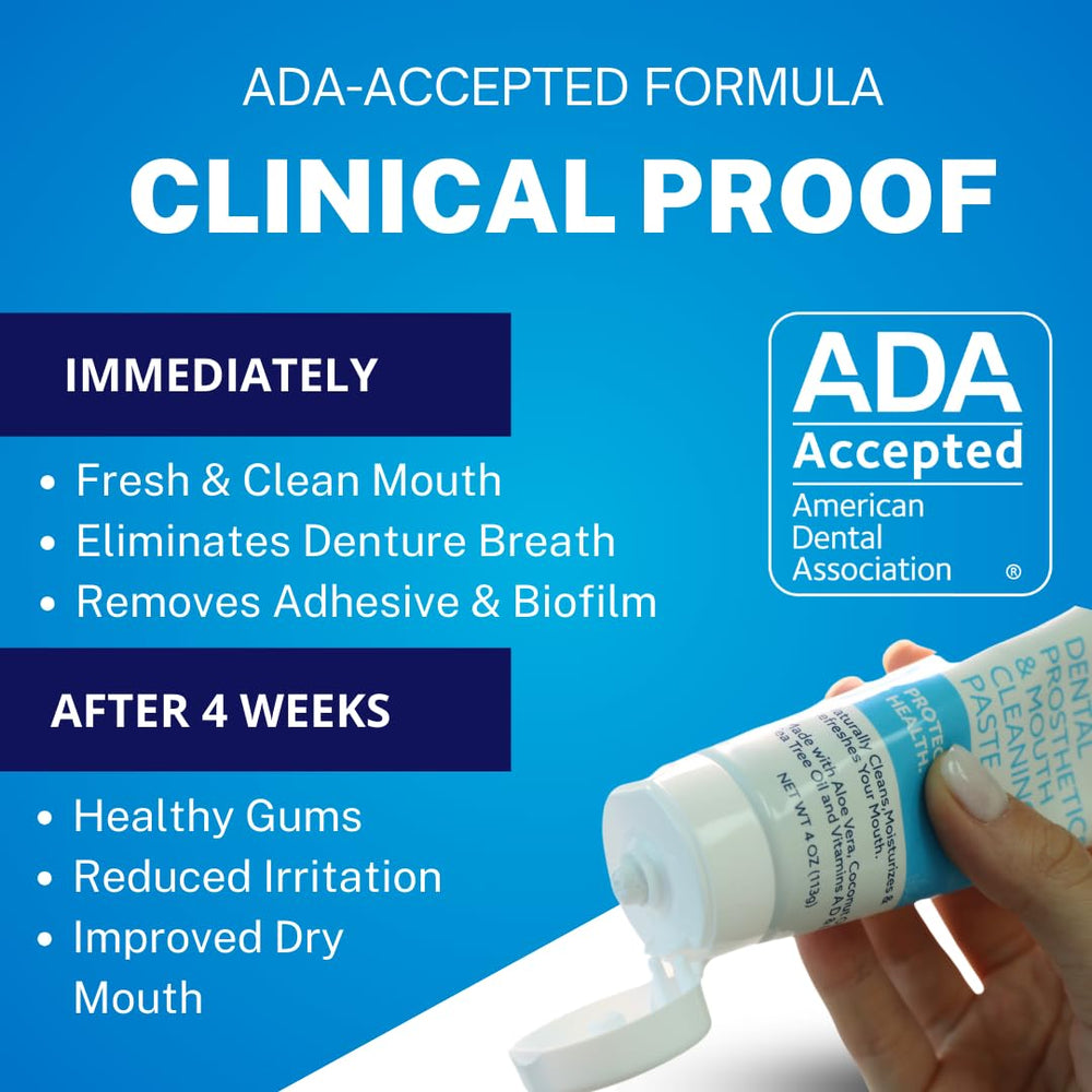 Dr. B Cleanadent en uso limpiando dentadura para eliminar adhesivos