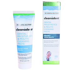 Dr. B Cleanadent frente del empaque mostrando producto y beneficio limpieza