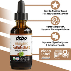 DR. BO etiqueta closeup con lista de ingredientes orgánicos y beneficios visibles