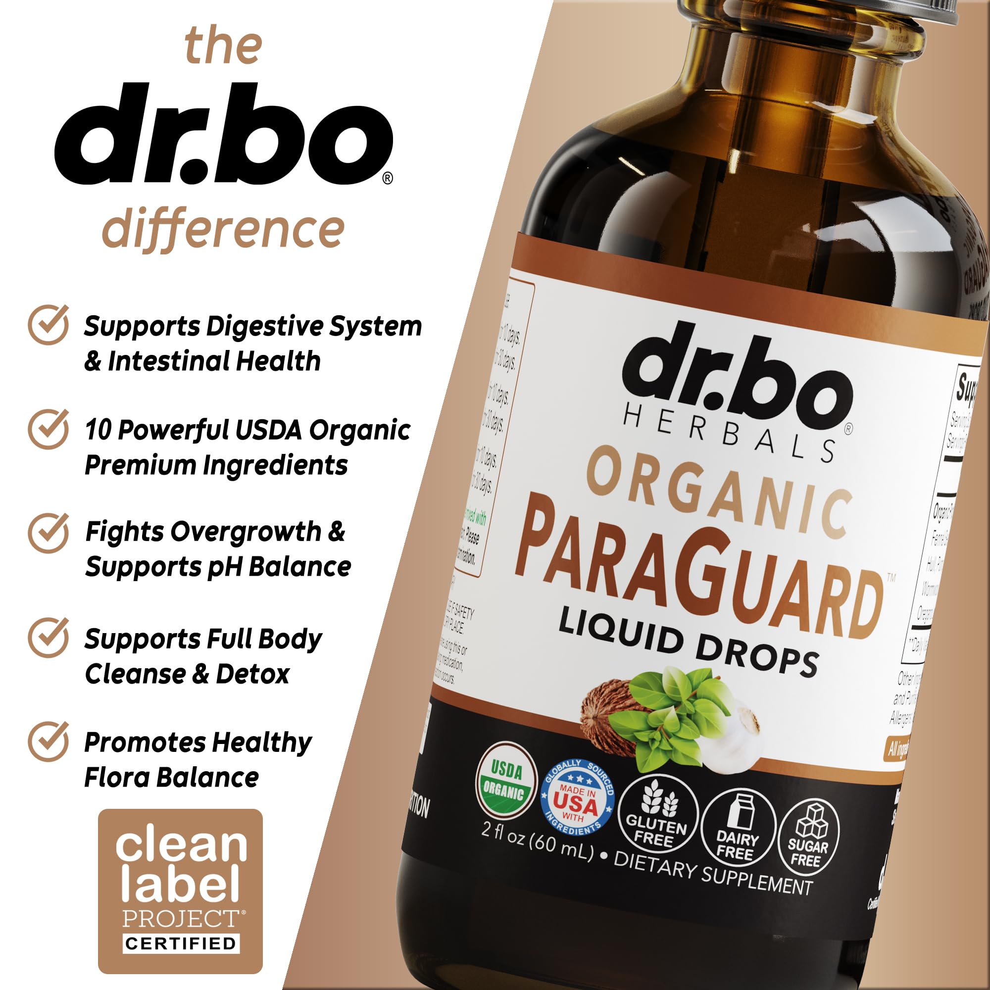 DR. BO botella en mano para comparar escala y tamaño portable de 2 oz