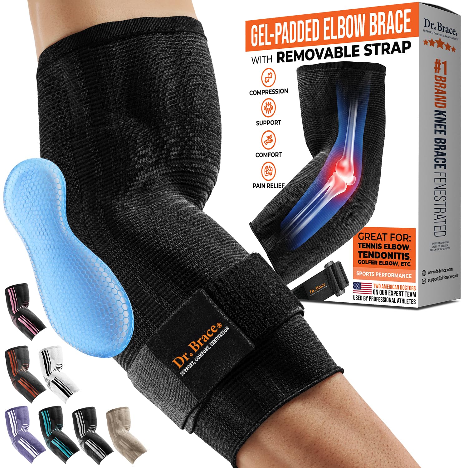 DR. BRACE vista frontal del manguito y su empaque, soporte cómodo instantáneo