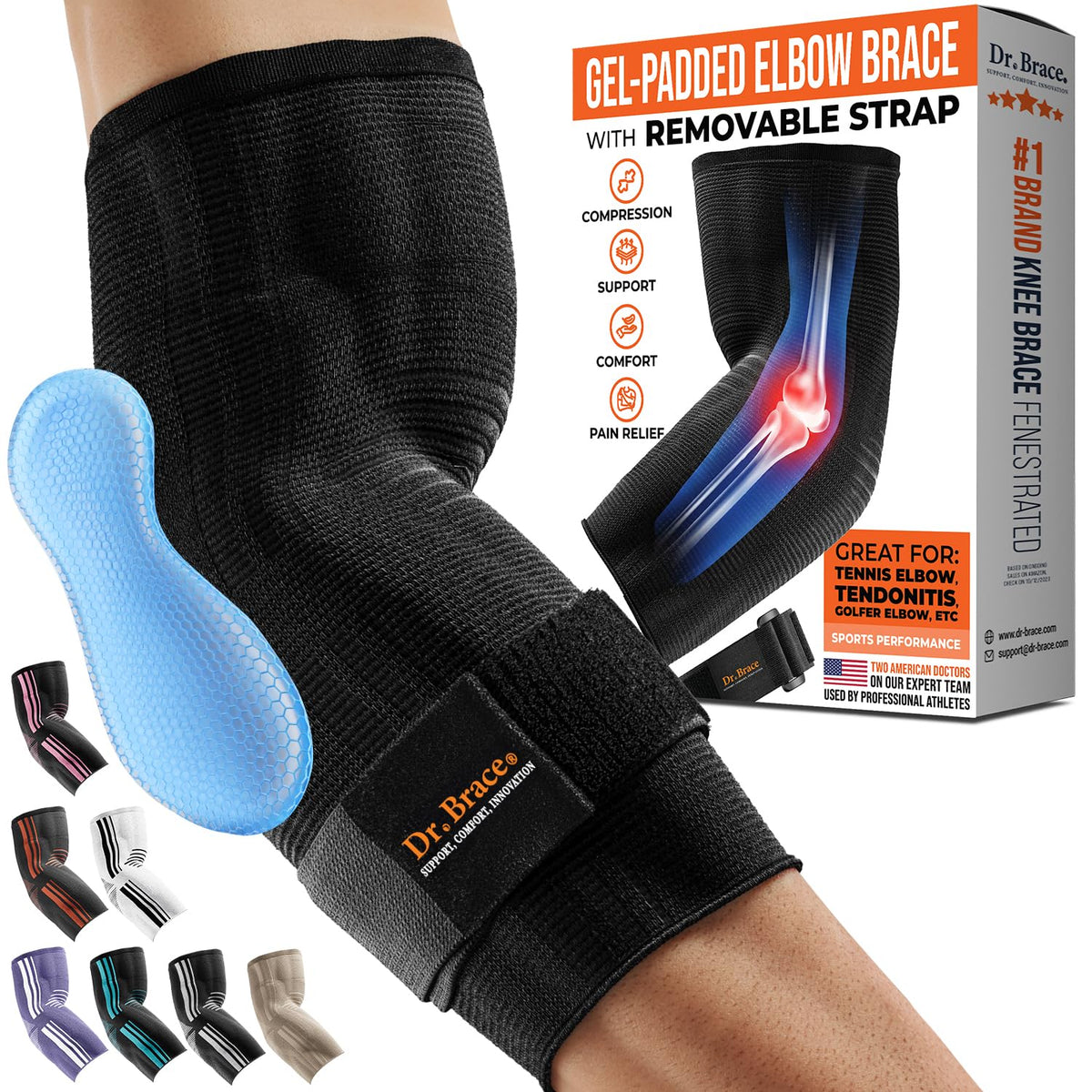 DR. BRACE vista frontal del manguito y su empaque, soporte cómodo instantáneo