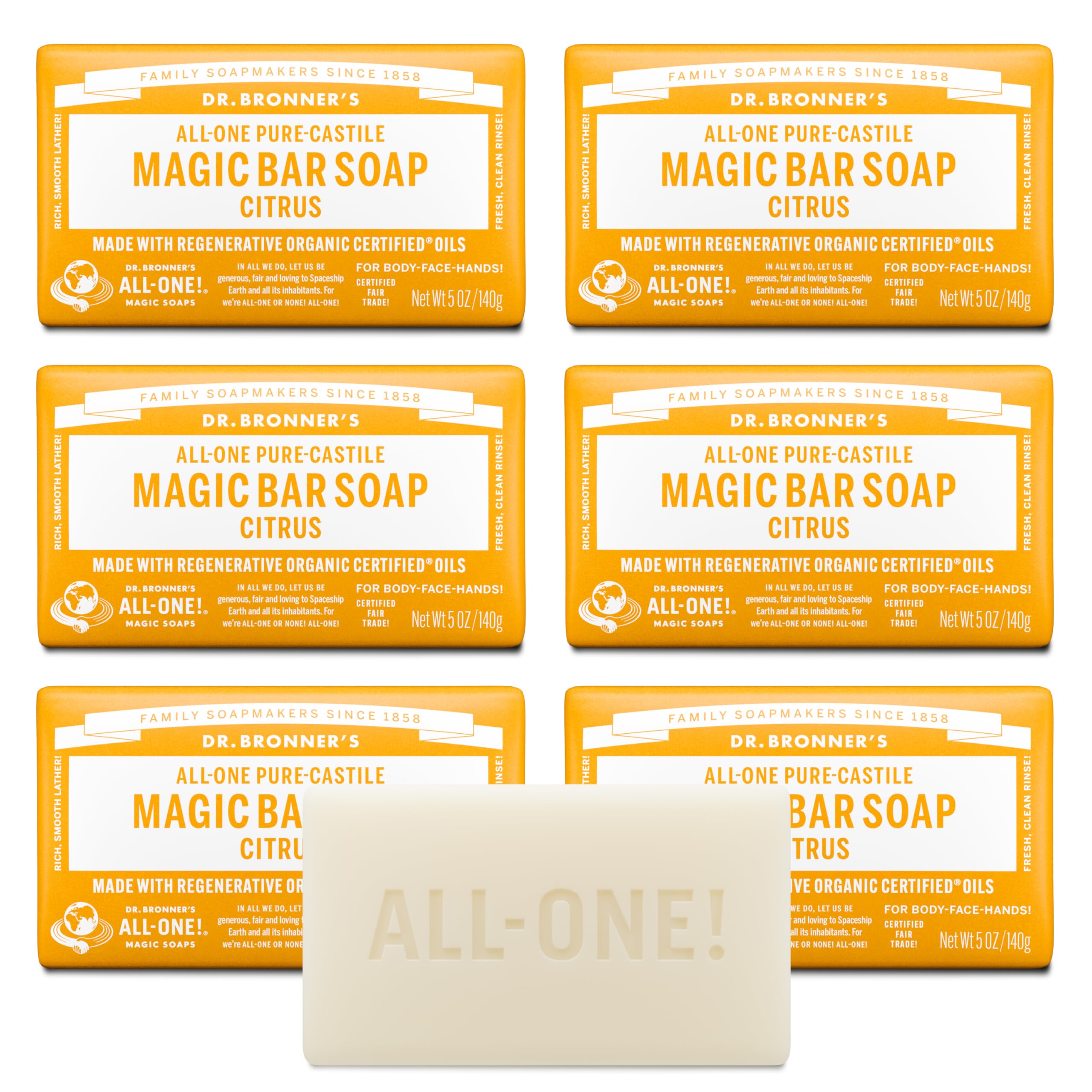 Dr. Bronner's vista frontal del jabón en barra con aroma cítrico y limpieza efectiva