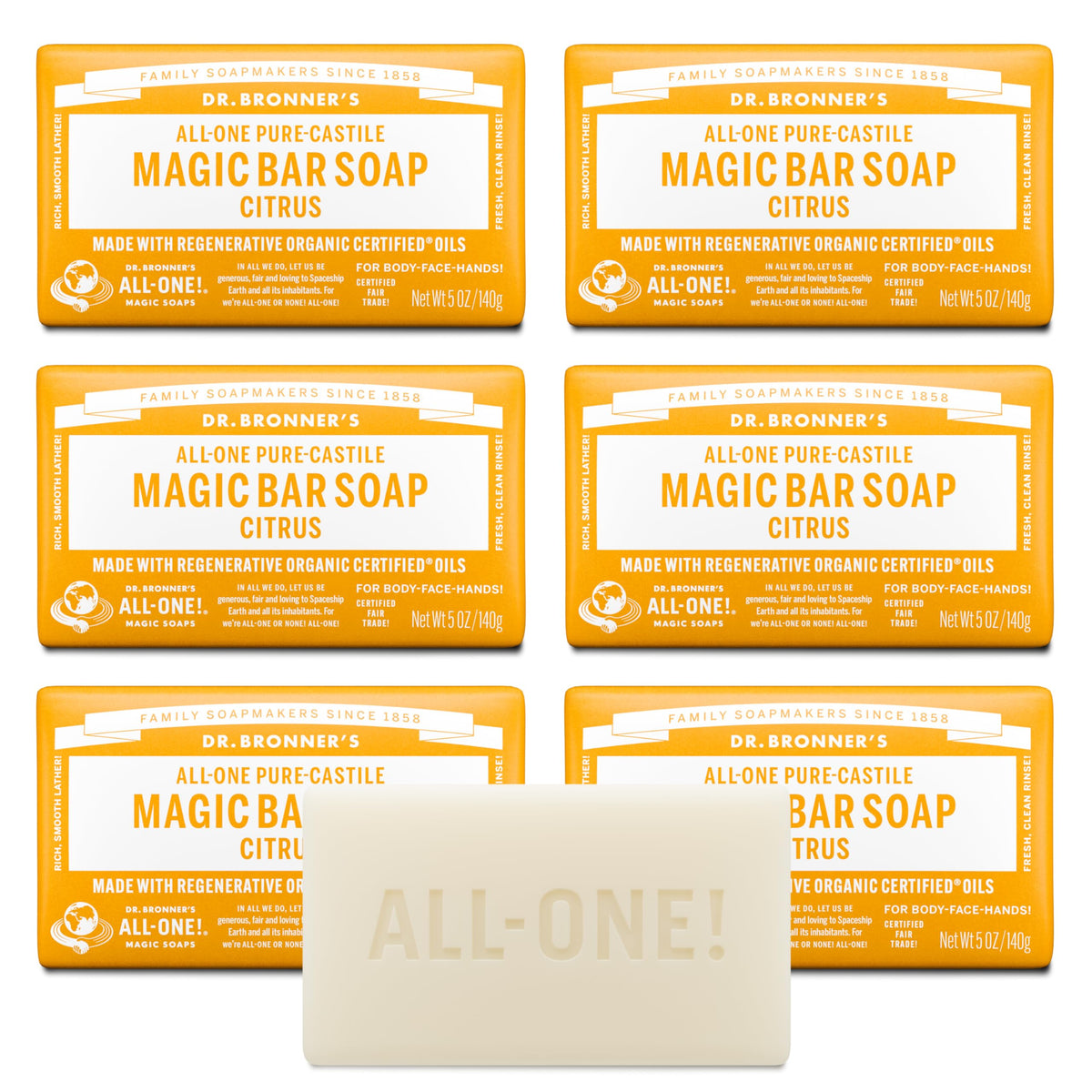 Dr. Bronner's vista frontal del jabón en barra con aroma cítrico y limpieza efectiva