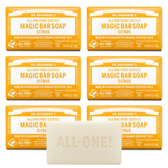 Dr. Bronner's vista frontal del jabón en barra con aroma cítrico y limpieza efectiva