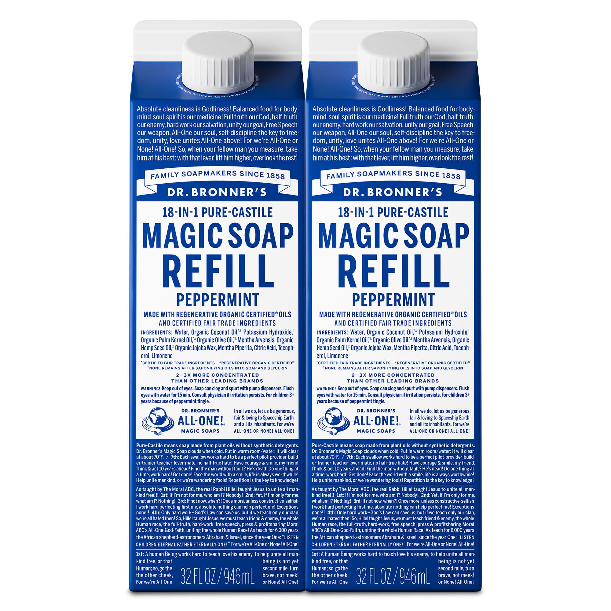 Dr. Bronner's empaque frontal recarga menta, ahorro de plástico