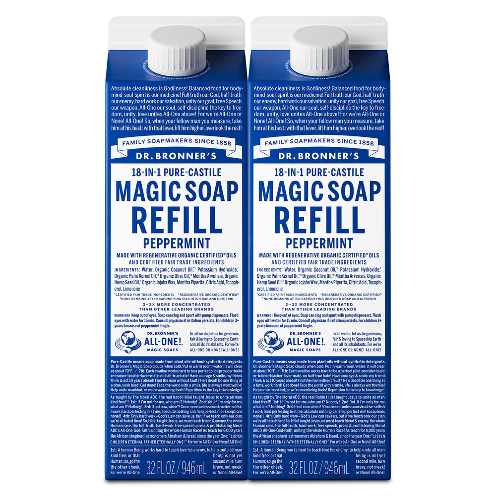 Dr. Bronner's empaque frontal recarga menta, ahorro de plástico
