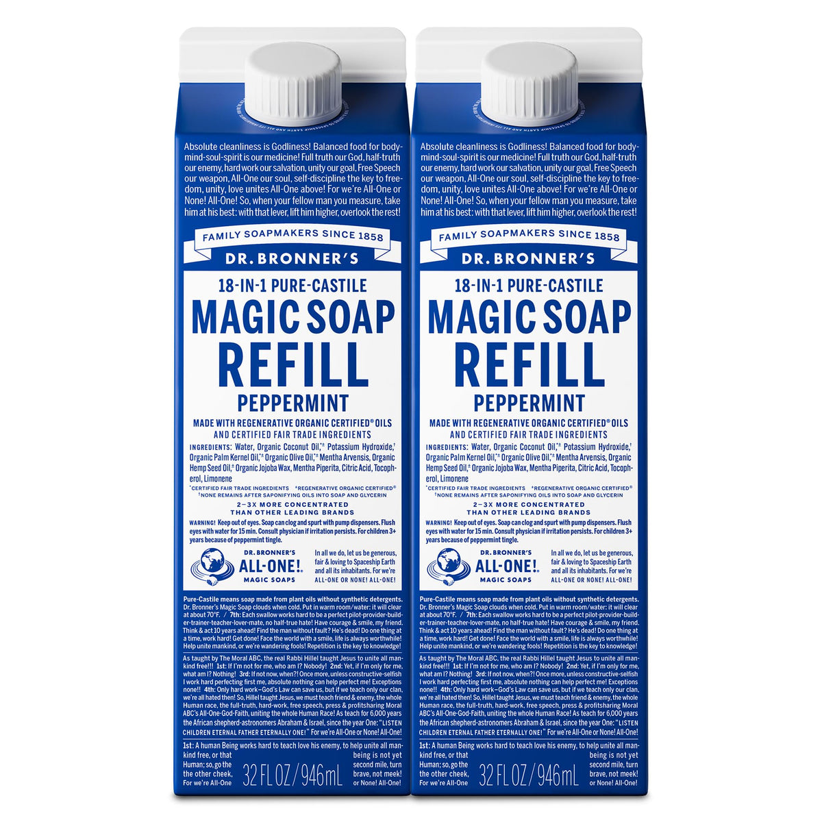 Dr. Bronner's empaque frontal recarga menta, ahorro de plástico