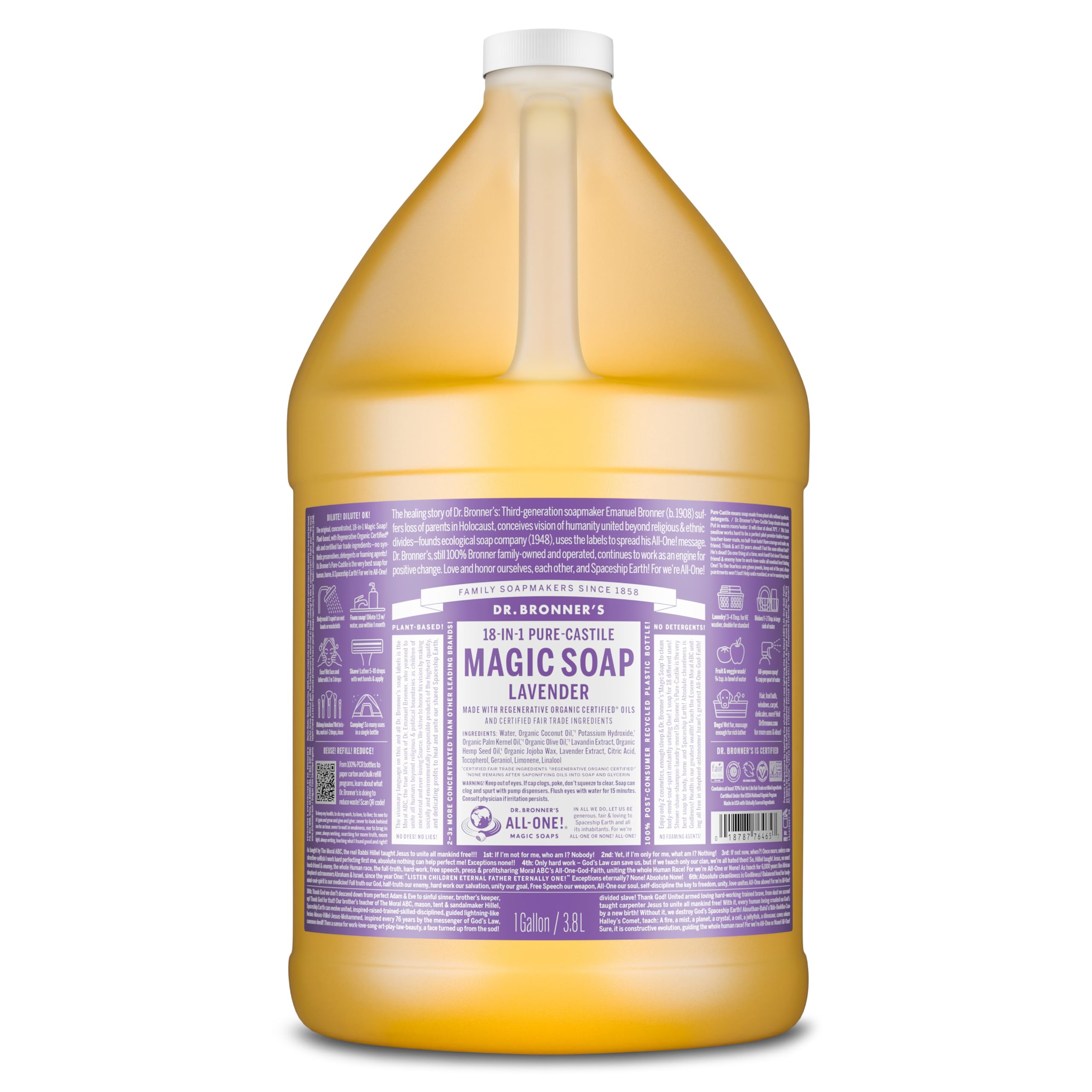 Dr. Bronner's envase galón frontal mostrando etiqueta y tamaño, ahorro por relleno
