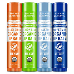 Dr. Bronner's pack frontal de 4 bálsamos mostrando sabores y beneficio hidratación