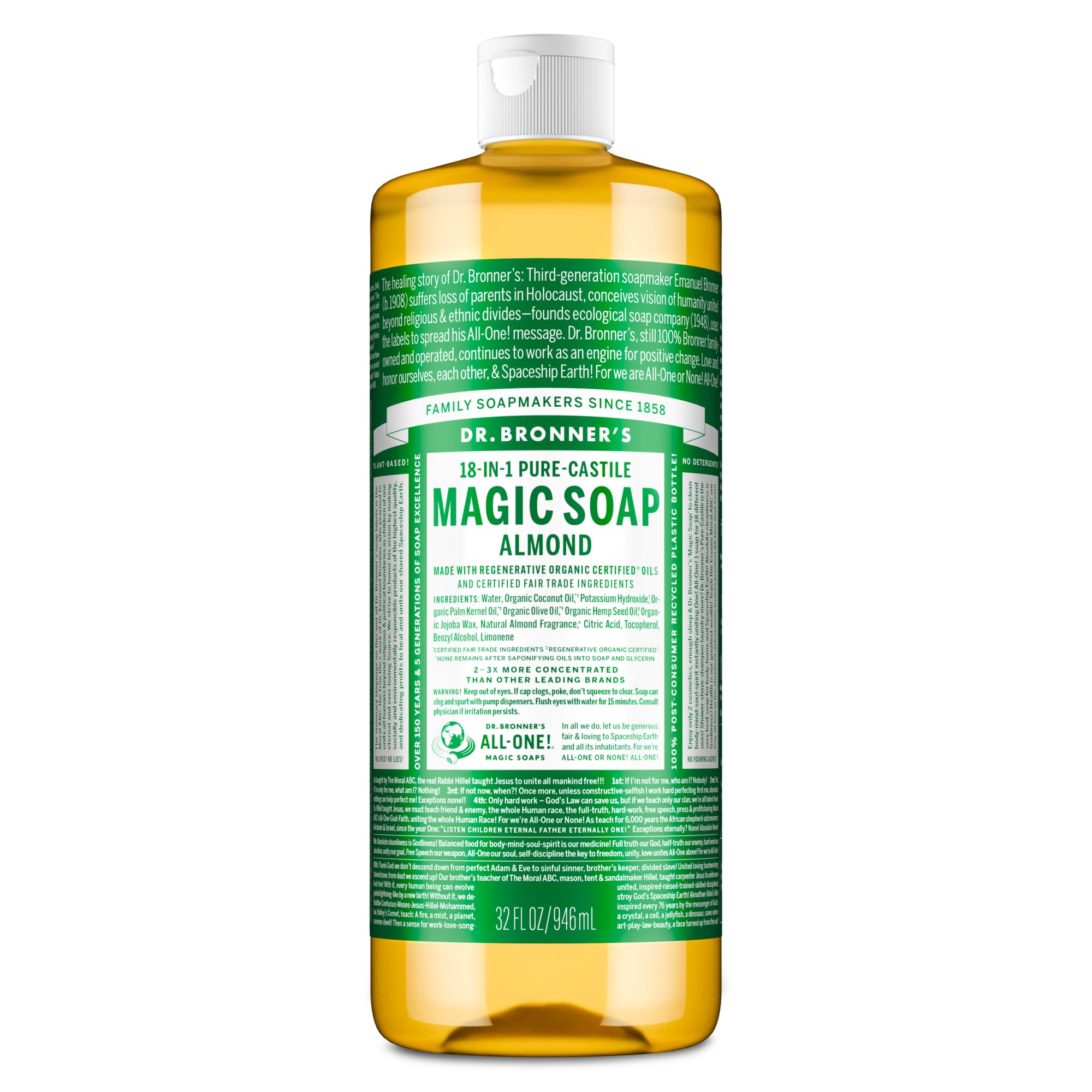 Dr. Bronner's frente de botella 32 oz mostrando etiqueta y diseño, garantía de ingredientes orgánicos