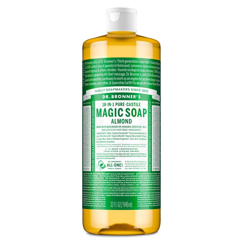 Dr. Bronner's frente de botella 32 oz mostrando etiqueta y diseño, garantía de ingredientes orgánicos