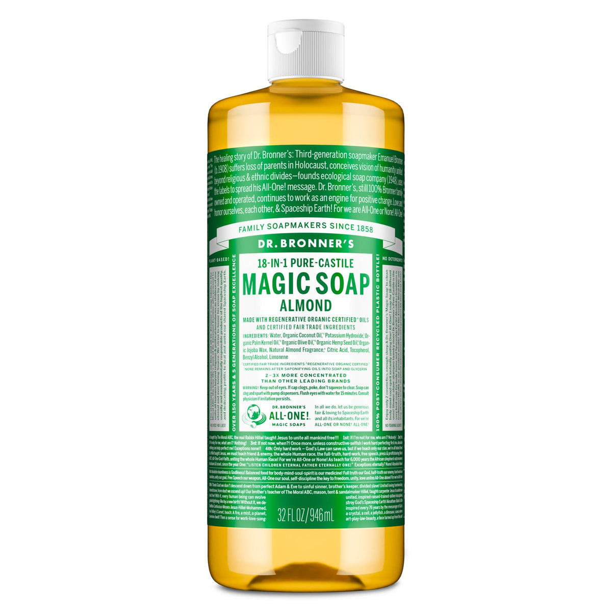 Dr. Bronner's frente de botella 32 oz mostrando etiqueta y diseño, garantía de ingredientes orgánicos